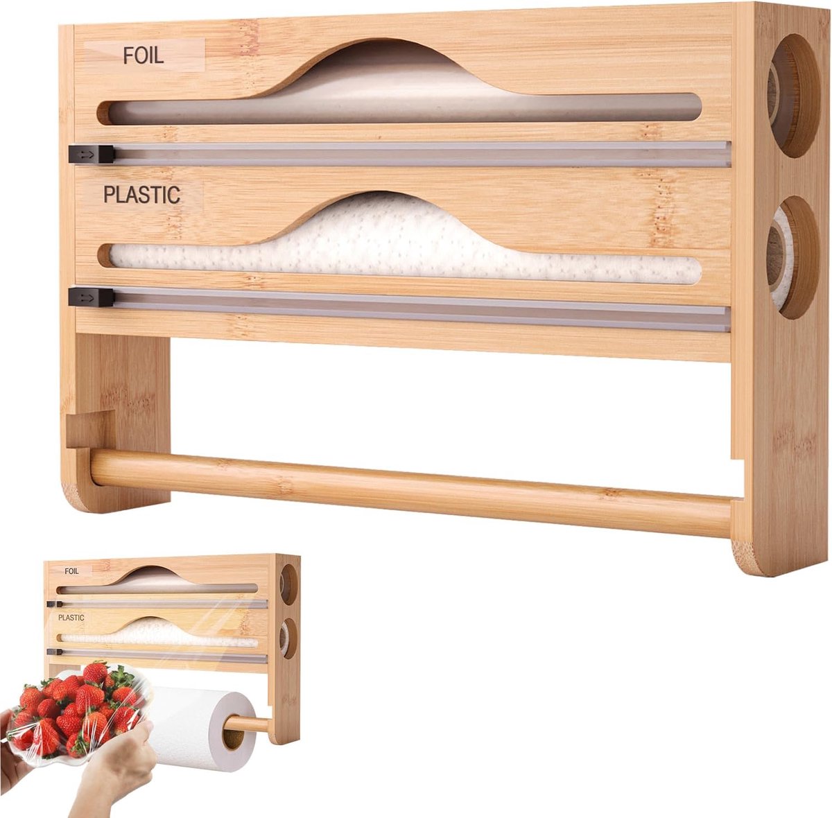 SnelShoppen - 3-in-1 Houten Vershoudfoliedispenser met Keukenrolhouder en Bamboe Afroller - Wandrolhouder voor Plastic Folie - Perfect voor Keuken en