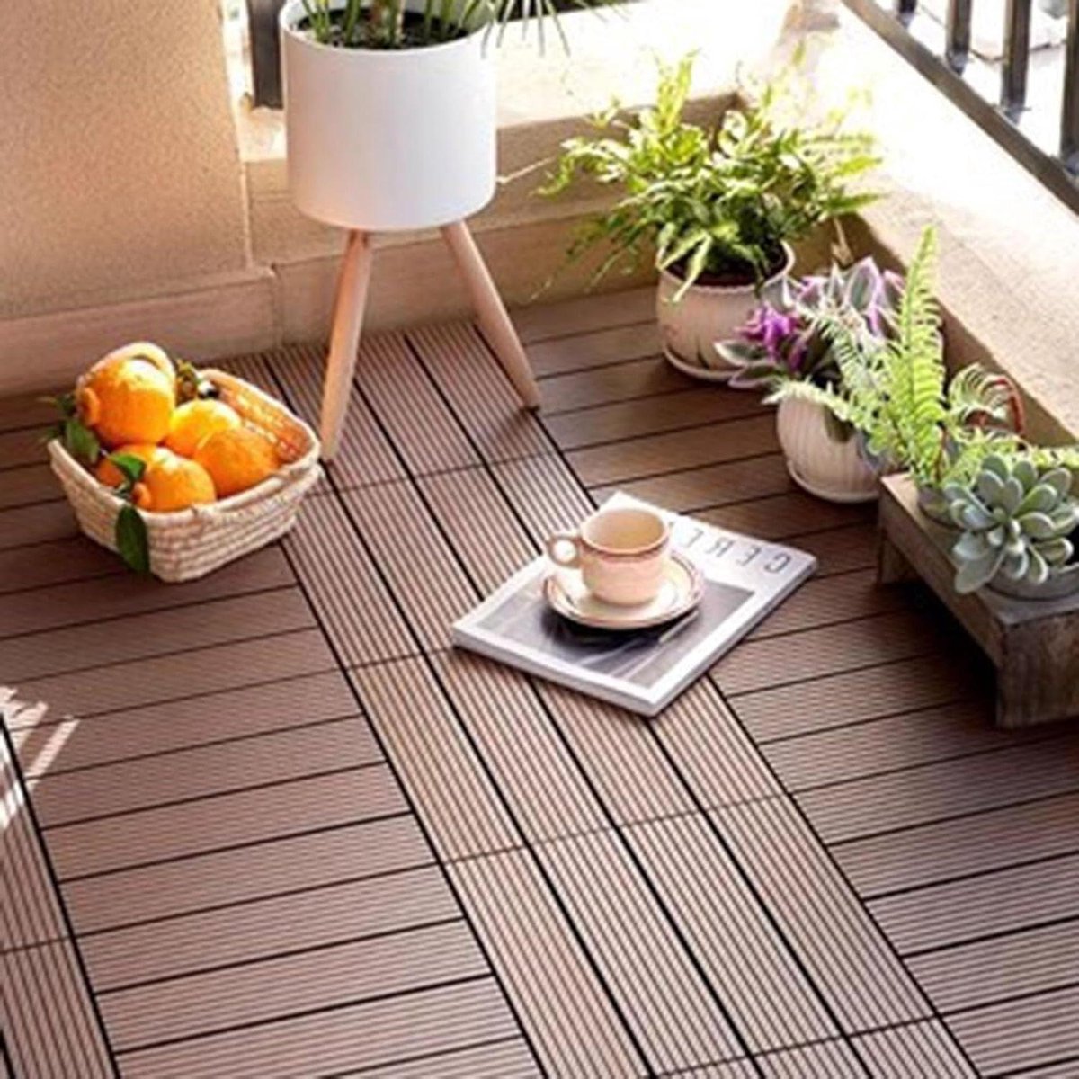 In elkaar grijpende dektegels - Terrastegels Buiten - Terras Aanleggen - Gestreept bordontwerp - 10 stuks 30x30cm - Lichtbruin