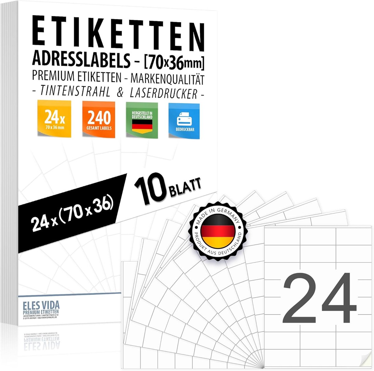 SnelShoppen - Adreslabels 70 x 36 mm (240 labels - 10 vellen A4) zelfklevende, printbare, inkjet en laser labels voor adressen, pakketten en brieven,