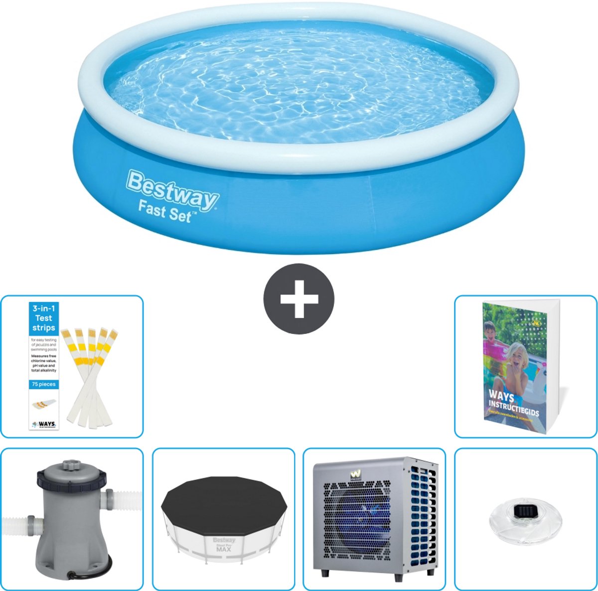 Bestway Rond Opblaasbaar Fast Set Zwembad - 366 x 76 cm - Blauw - Inclusief Pomp - Afdekzeil - Warmtepomp - Verlichting - 7-delig
