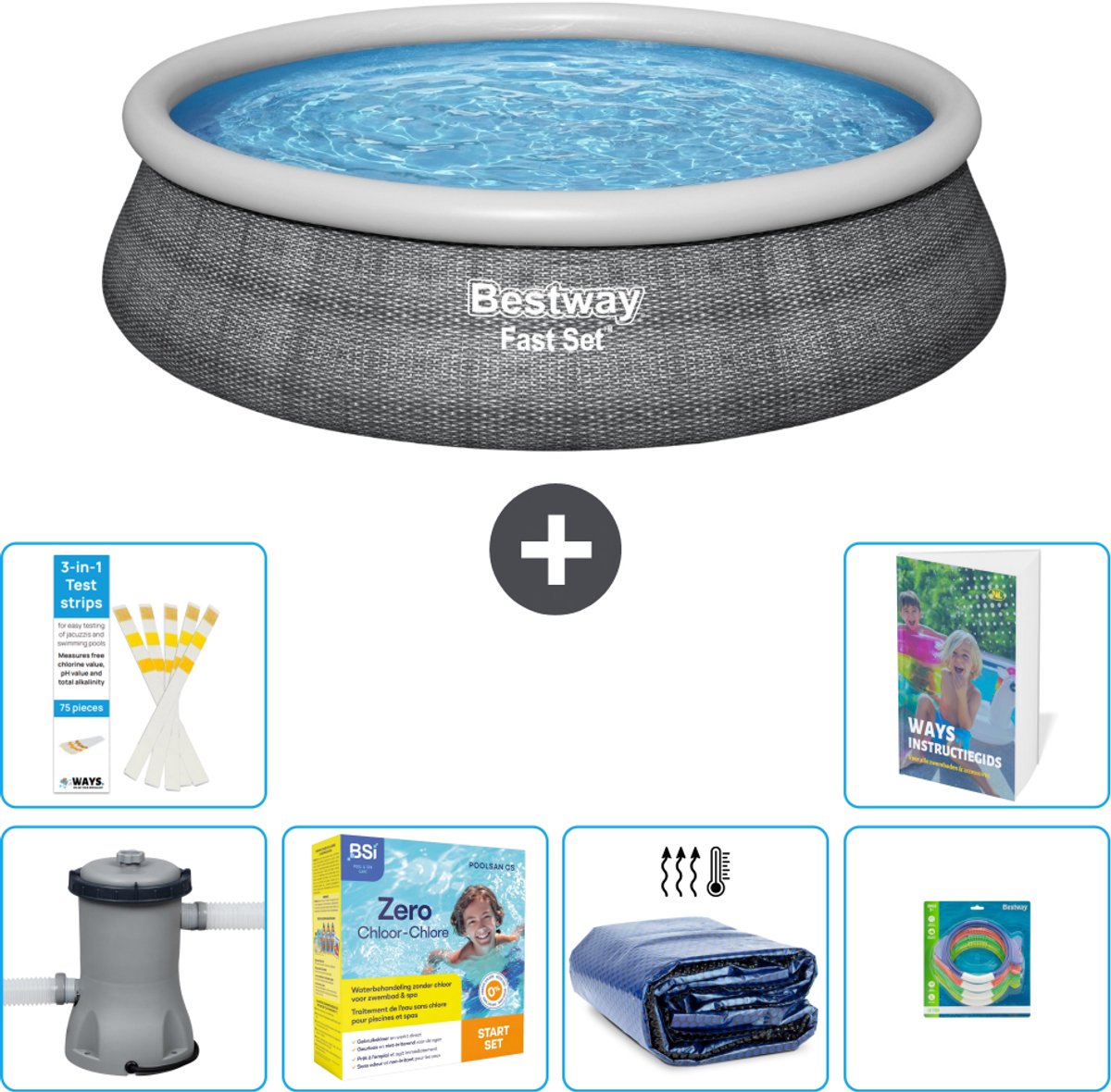 Bestway Rond Opblaasbaar Fast Set Zwembad - Rotanprint - 457 x 84 cm - Inclusief Pomp - Onderhoudspakket - Solarzeil - Speelgoed - 7-delig