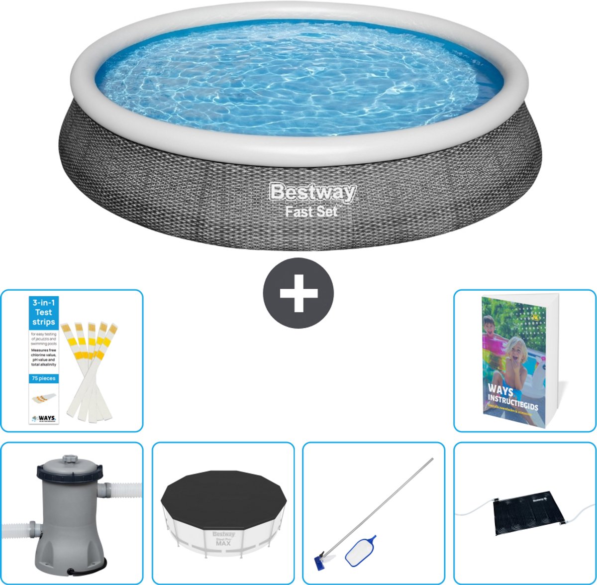 Bestway Rond Opblaasbaar Fast Set Zwembad - Rotanprint - 396 x 84 cm - Inclusief Pomp - Afdekzeil - Schoonmaakset - Solar Mat - 7-delig