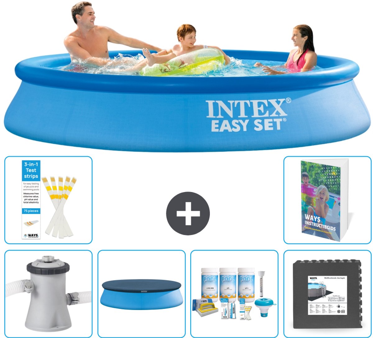Intex Rond Opblaasbaar Easy Set Zwembad - 305 x 61 cm - Blauw - Inclusief Pomp - Afdekzeil - Onderhoudspakket - Vloertegels - 7-delig
