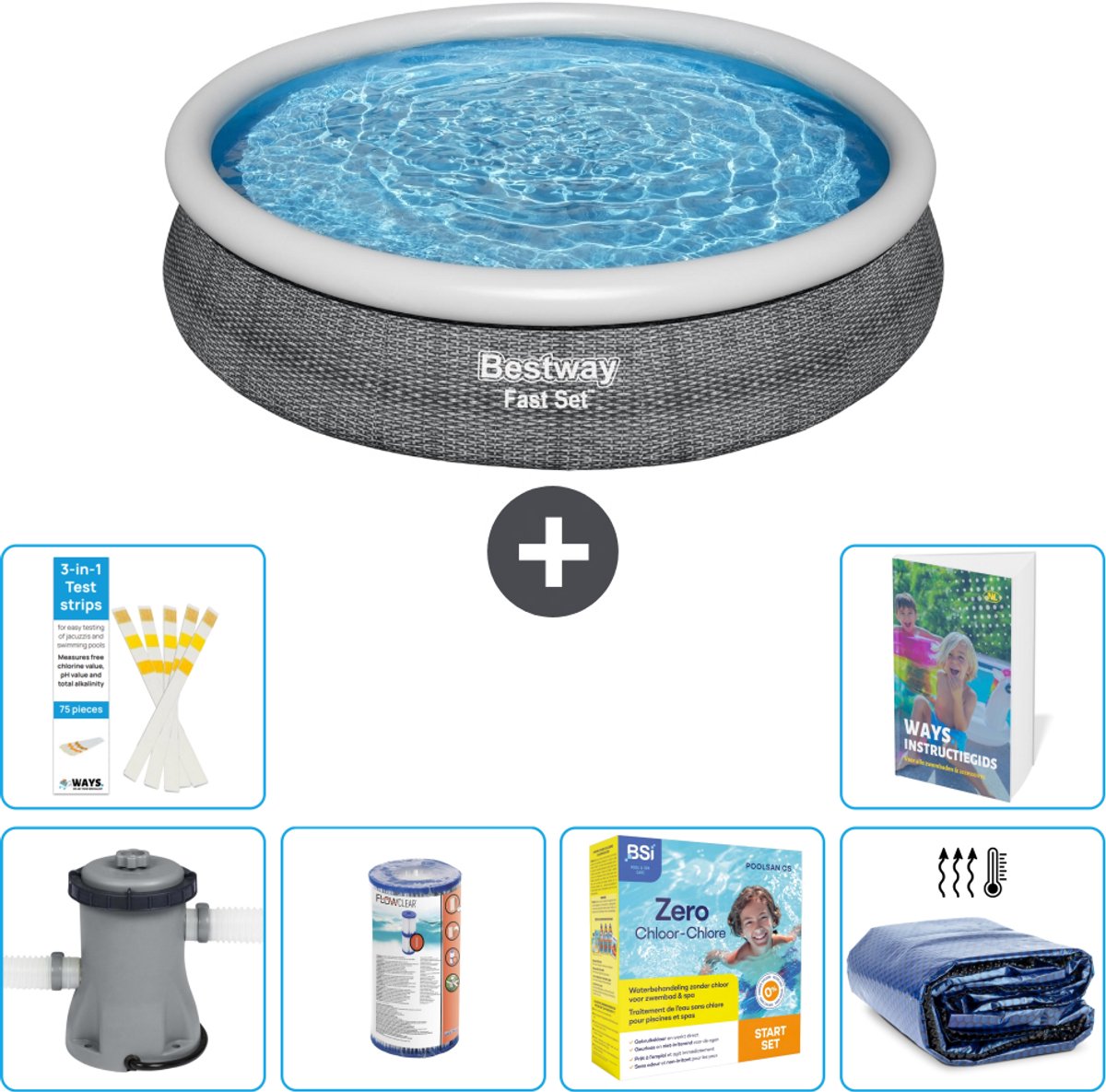 Bestway Rond Opblaasbaar Fast Set Zwembad - Rotanprint - 366 x 76 cm - Inclusief Pomp - Filter - Onderhoudspakket - Solarzeil - 7-delig