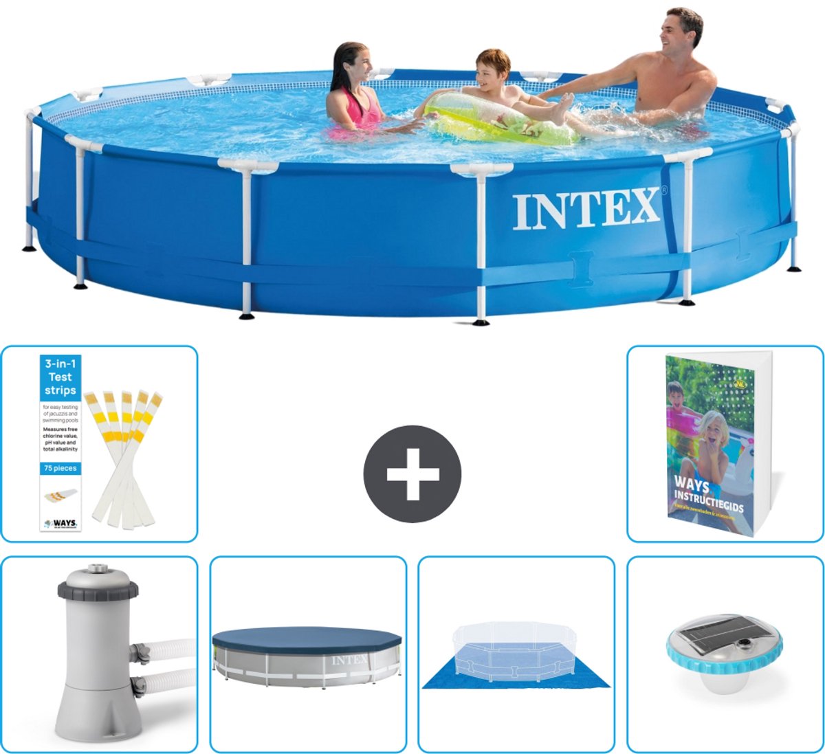 Intex Rond Frame Zwembad - 366 x 76 cm - Blauw - Inclusief Pomp - Afdekzeil - Grondzeil - Verlichting - 7-delig