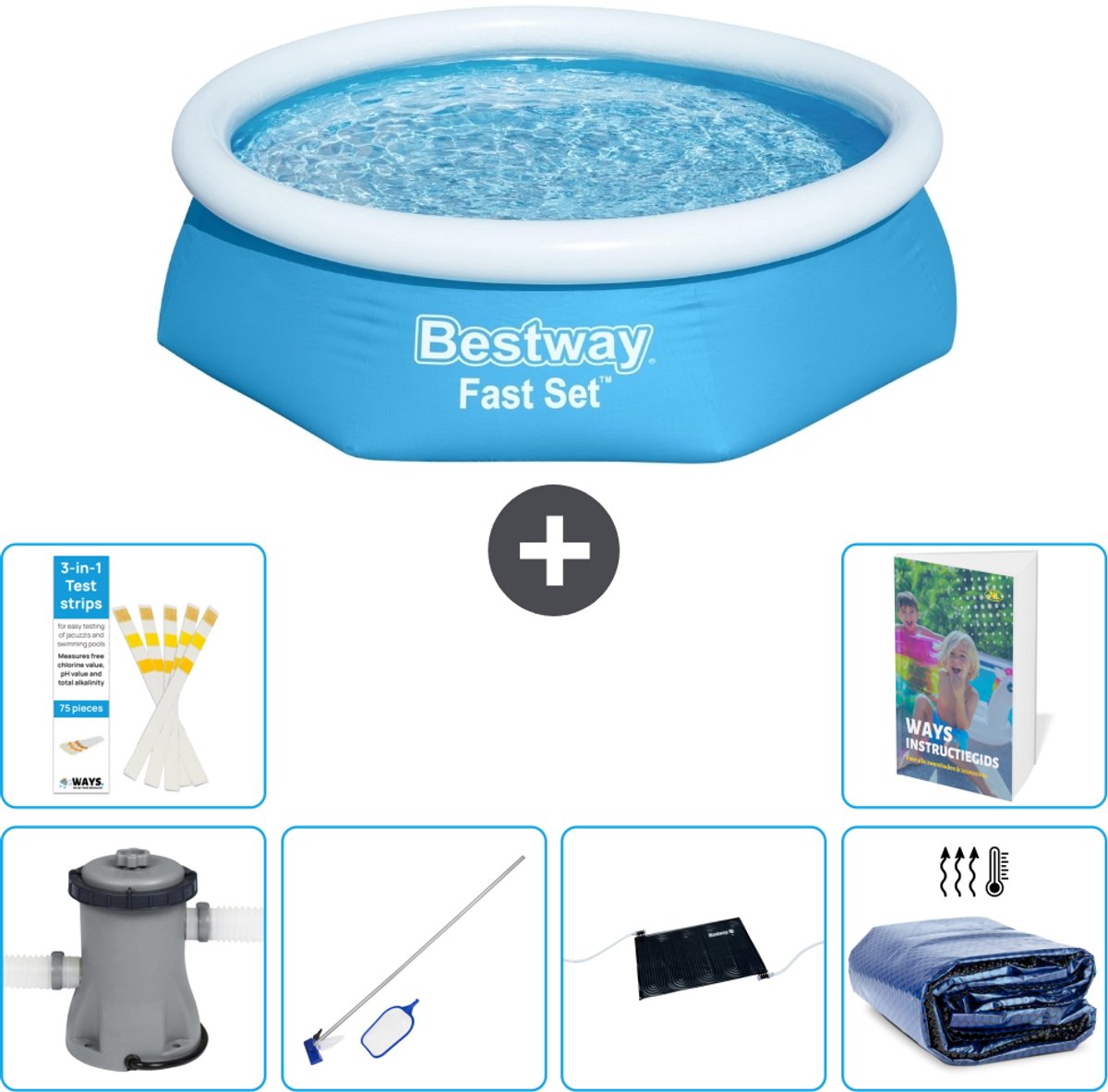 Bestway Rond Opblaasbaar Fast Set Zwembad - 244 x 61 cm - Blauw - Inclusief Pomp - Schoonmaakset - Solar Mat - Solarzeil - 7-delig