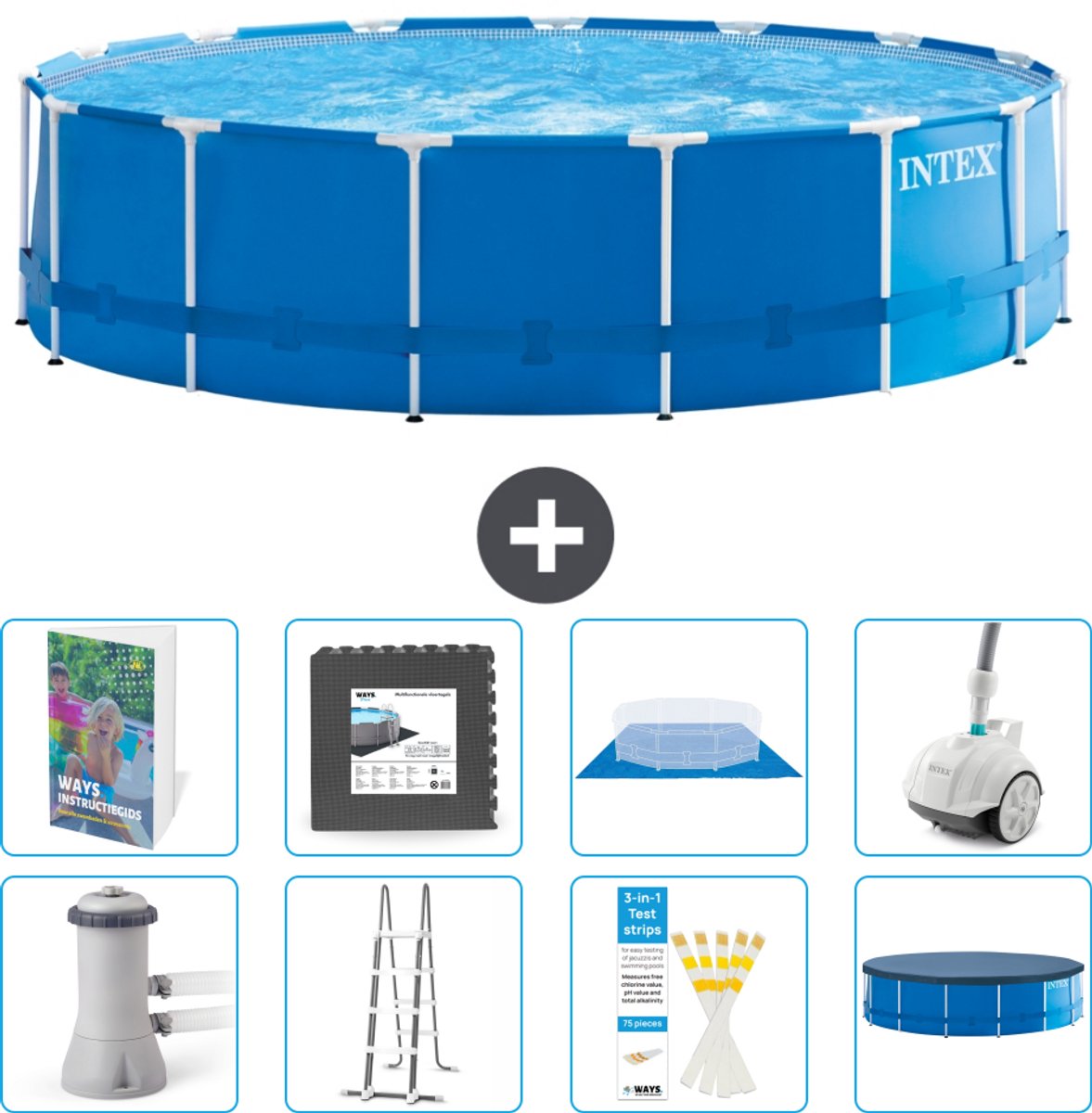 Intex Rond Frame Zwembad - 457 x 122 cm - Blauw - Inclusief Pomp - Ladder - Grondzeil - Afdekzeil - Vloertegels - Stofzuiger - 9-delig