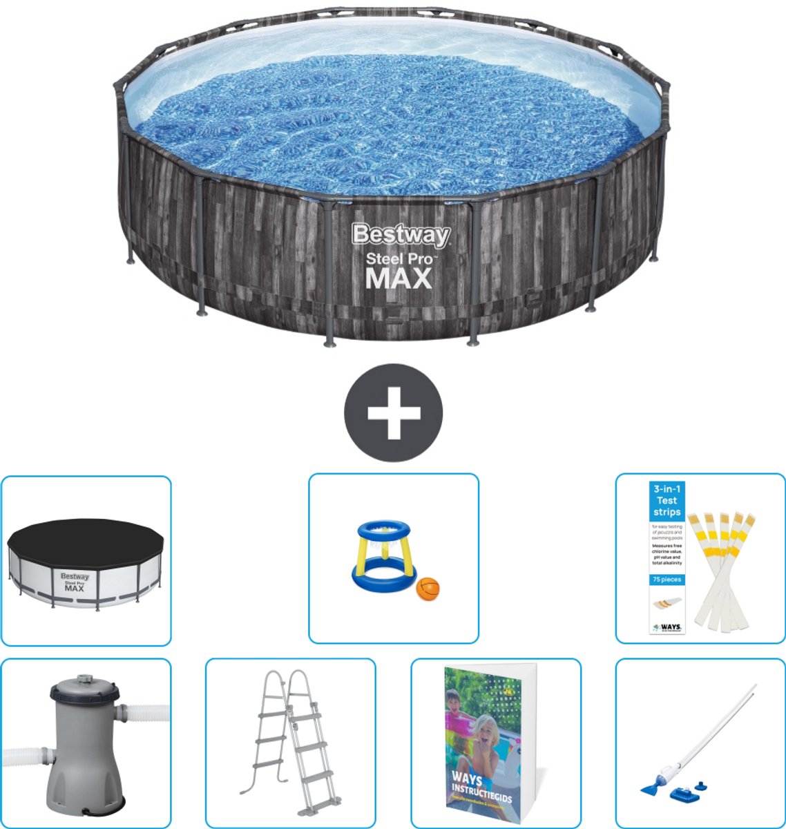 Bestway Rond Steel Pro MAX Zwembad - Houtprint - 427 x 107 cm - Inclusief Pomp - Ladder - Afdekzeil - Speelgoed - Stofzuiger - 8-delig