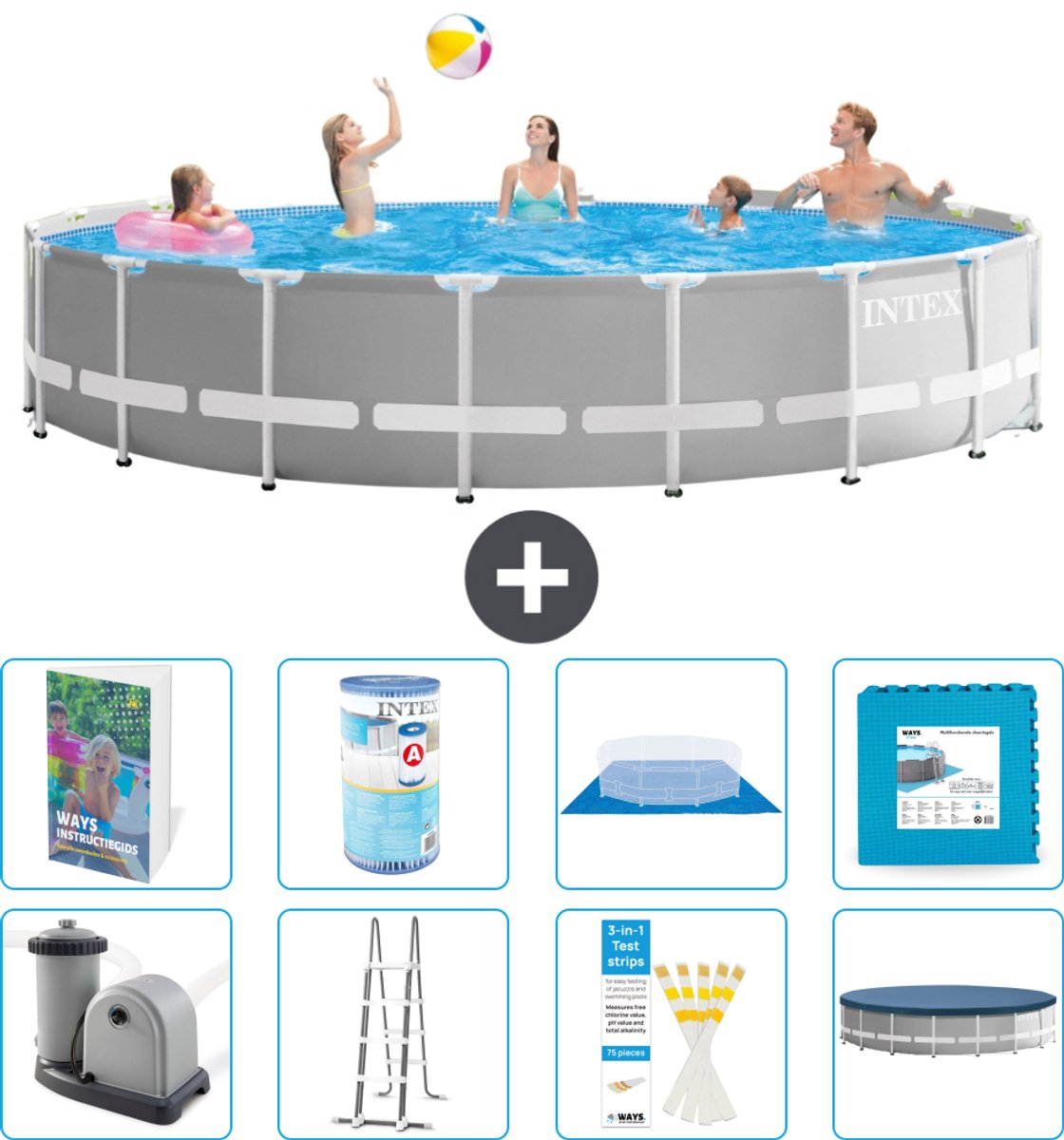 Intex Rond Prism Frame Zwembad - 548 x 122 cm - Grijs - Inclusief Pomp - Ladder - Grondzeil - Afdekzeil - Filter - Vloertegels - 9-delig