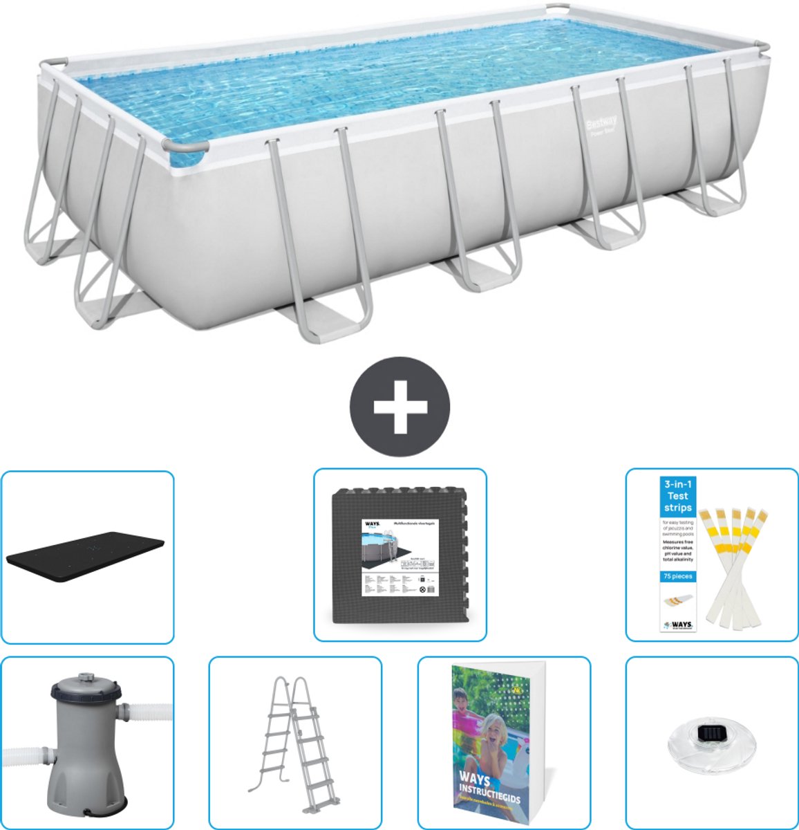 Bestway Rechthoekig Power Steel Zwembad - 488 x 244 x 122 - Grijs Inclusief Pomp - Ladder - Afdekzeil - Vloertegels - Verlichting - 8-delig