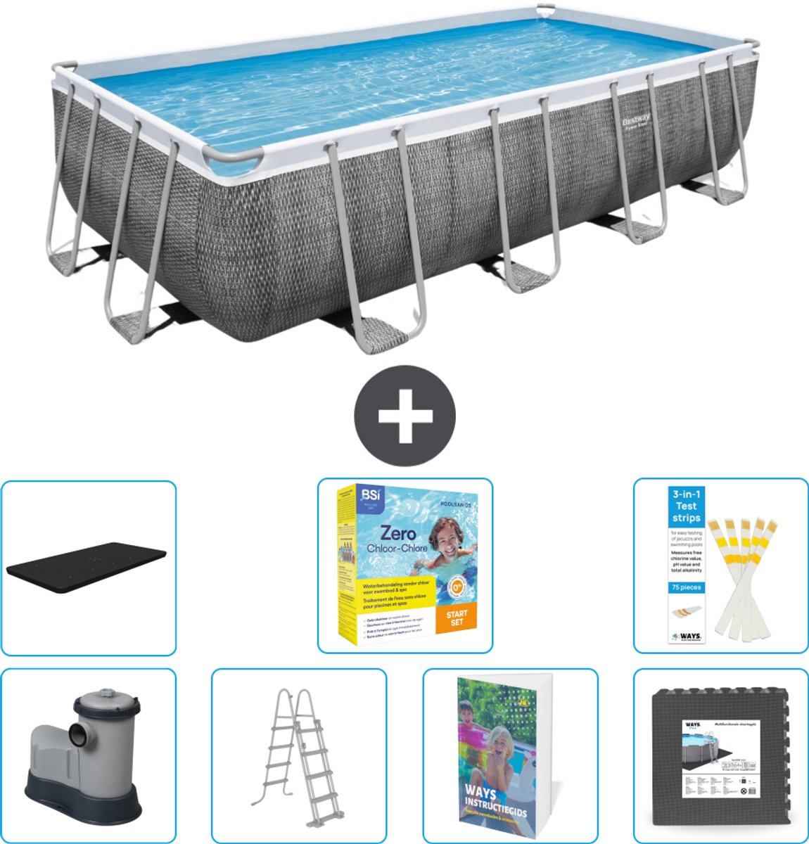Bestway Rechthoekig Power Steel Zwembad - Rattanprint - 549 x 274 x 122 - Inclusief Pomp - Ladder - Afdekzeil - Onderhoudspakket - Vloertegels - 8-delig