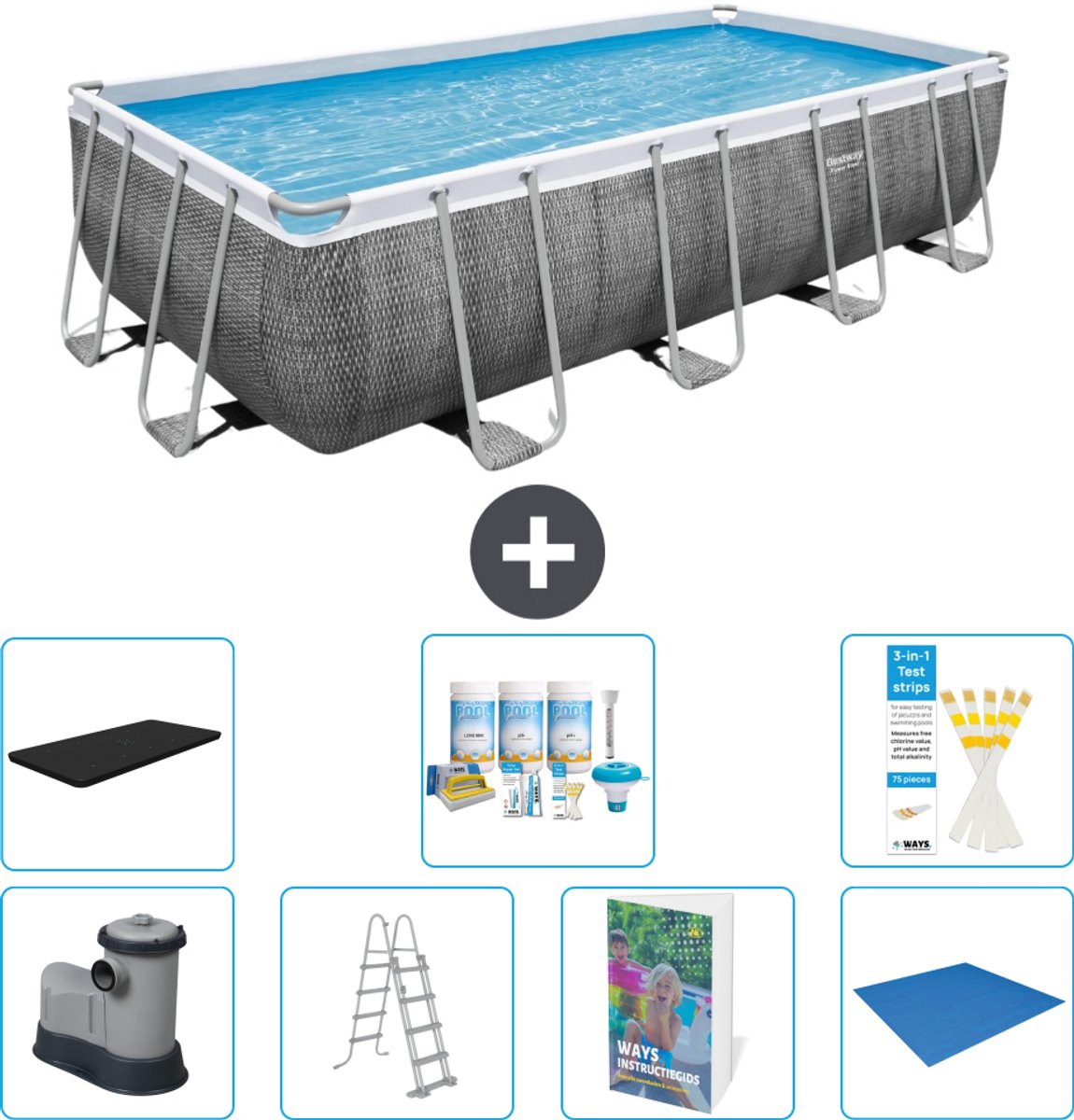 Bestway Rechthoekig Power Steel Zwembad - Rattanprint - 549 x 274 x 122 - Inclusief Pomp - Ladder - Afdekzeil - Onderhoudspakket - Grondzeil - 8-delig