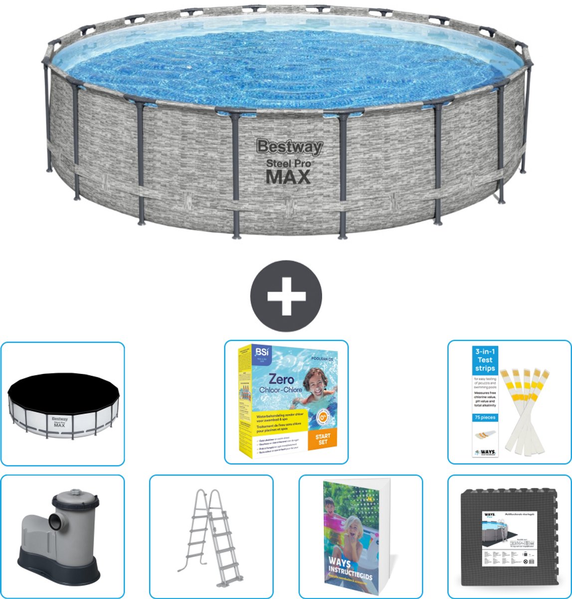 Bestway Rond Steel Pro MAX Zwembad - Steenprint - 549 x 122 - Inclusief Pomp - Ladder - Afdekzeil - Onderhoudspakket - Vloertegels - 8-delig