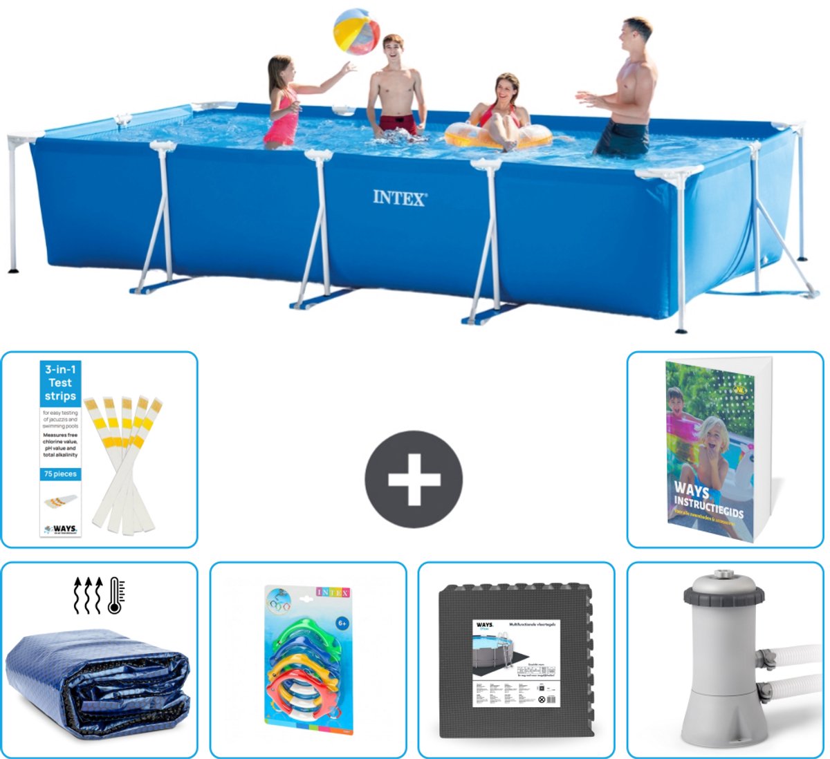 Intex Rechthoekig Frame Zwembad - 450 x 220 x 84 cm - Blauw - Inclusief Solarzeil - Speelgoed - Vloertegels - Zwembadfilterpomp - 7-delig