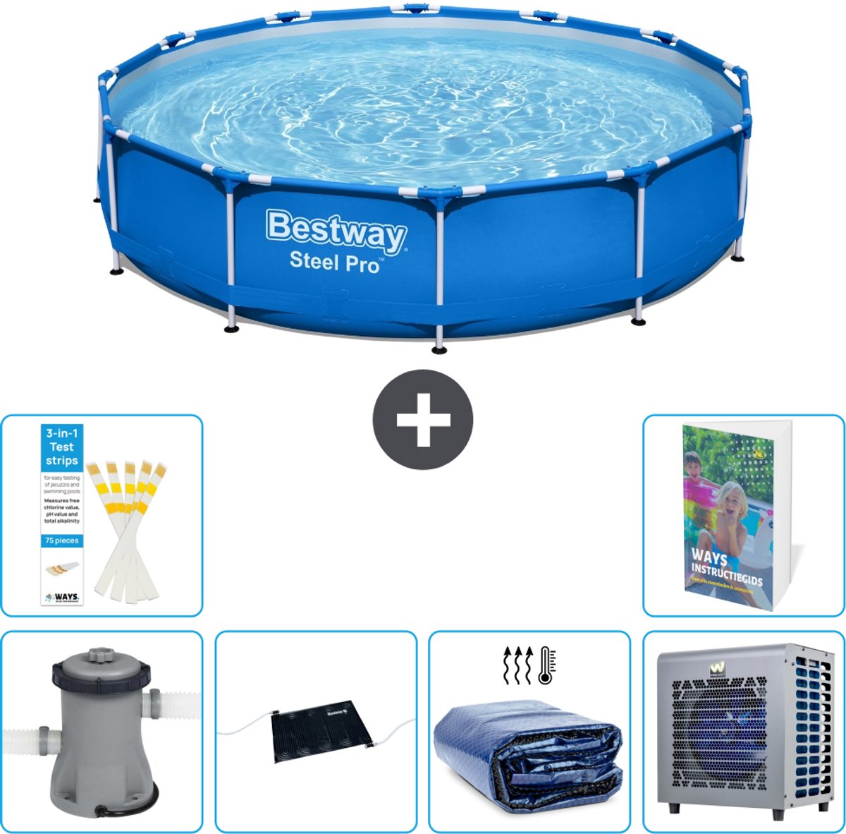 Bestway Rond Steel Pro Zwembad - 366 x 76 cm - Blauw - Inclusief Pomp - Solar Mat - Solarzeil - Warmtepomp - 7-delig