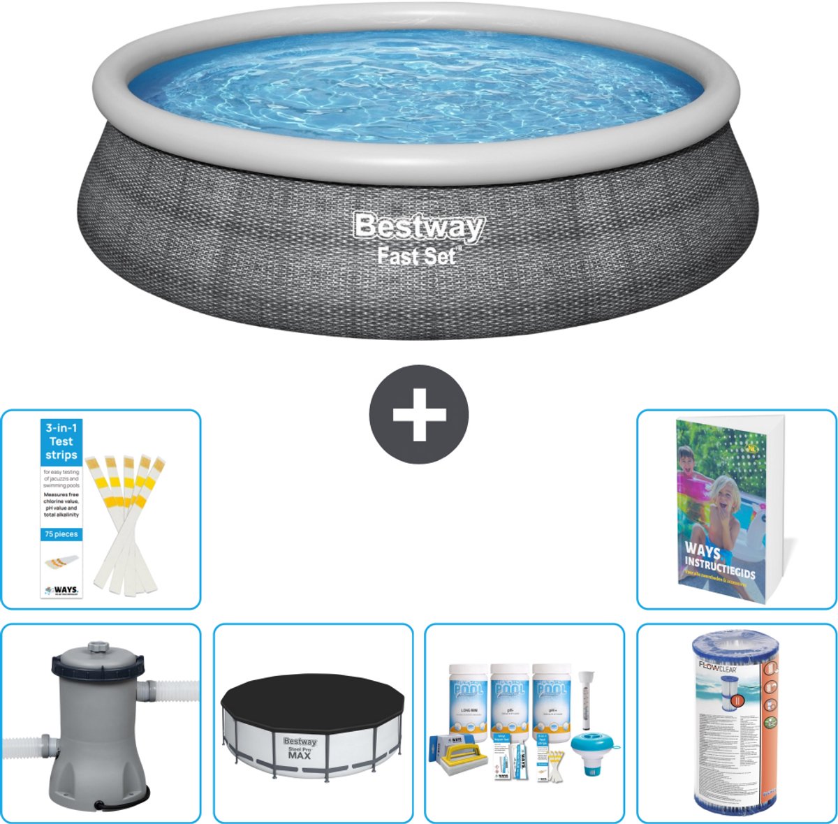 Bestway Rond Opblaasbaar Fast Set Zwembad - Rotanprint - 457 x 84 cm - Inclusief Pomp - Afdekzeil - Onderhoudspakket - Filter - 7-delig