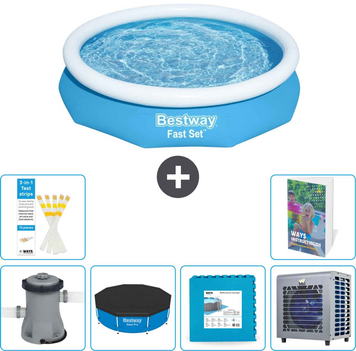 Bestway Rond Opblaasbaar Fast Set Zwembad - 305 x 66 cm - Blauw - Inclusief Pomp - Afdekzeil - Vloertegels - Warmtepomp - 7-delig