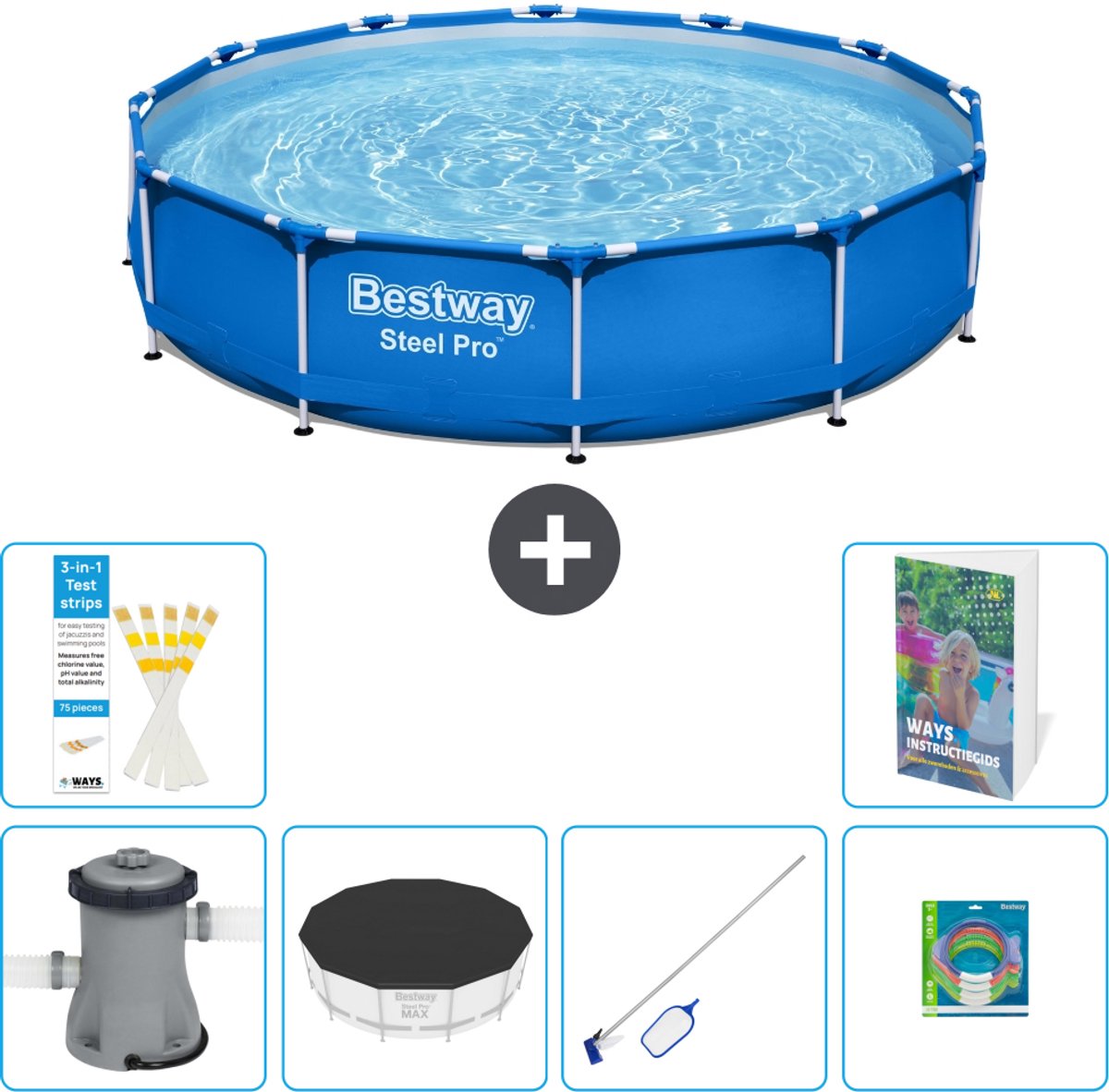 Bestway Rond Steel Pro Zwembad - 366 x 76 cm - Blauw - Inclusief Pomp - Afdekzeil - Schoonmaakset - Speelgoed - 7-delig