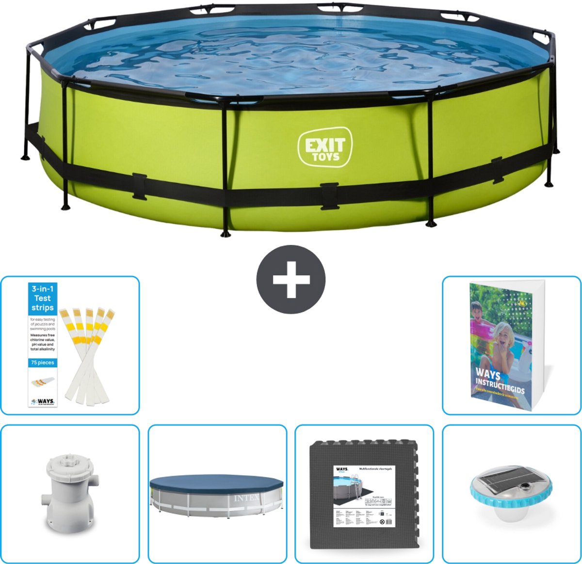 EXIT Rond Lime Frame Zwembad - 360 x 76 cm - Inclusief Pomp - Afdekzeil - Vloertegels - Verlichting - 7-delig