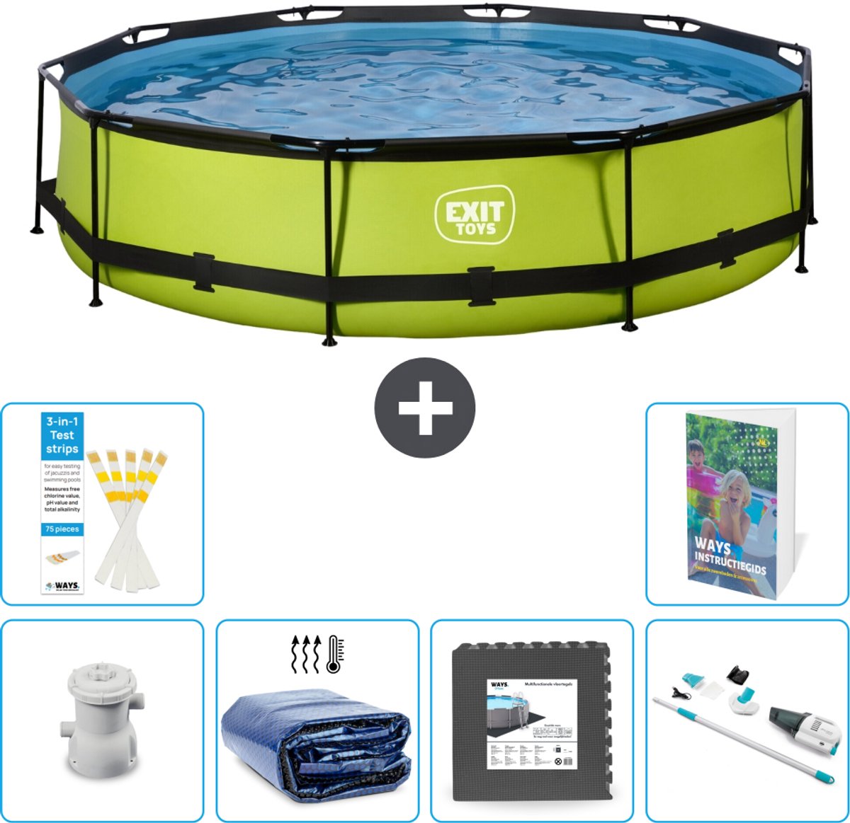 EXIT Rond Lime Frame Zwembad - 360 x 76 cm - Inclusief Pomp - Solarzeil - Vloertegels - Stofzuiger - 7-delig