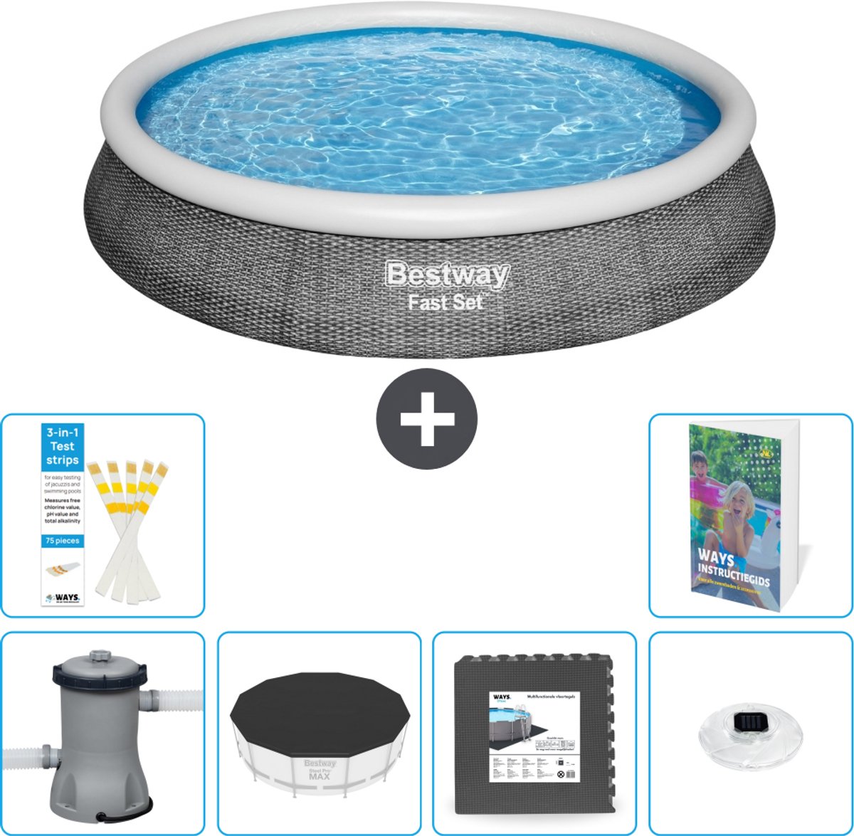 Bestway Rond Opblaasbaar Fast Set Zwembad - Rotanprint - 396 x 84 cm - Inclusief Pomp - Afdekzeil - Vloertegels - Verlichting - 7-delig