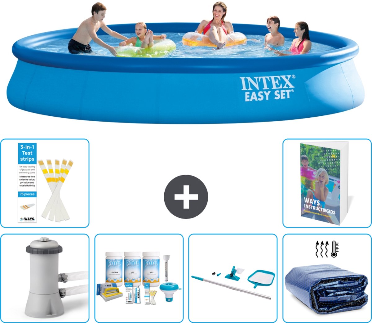 Intex Rond Opblaasbaar Easy Set Zwembad - 457 x 84 cm - Blauw - Inclusief Pomp - Onderhoudspakket - Schoonmaakset - Solarzeil - 7-delig