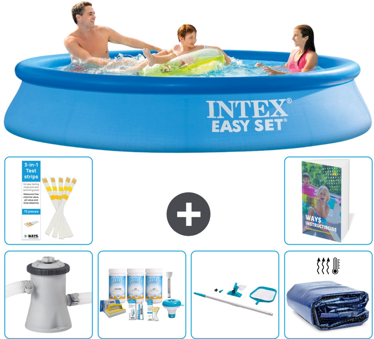 Intex Rond Opblaasbaar Easy Set Zwembad - 305 x 61 cm - Blauw - Inclusief Pomp - Onderhoudspakket - Schoonmaakset - Solarzeil - 7-delig