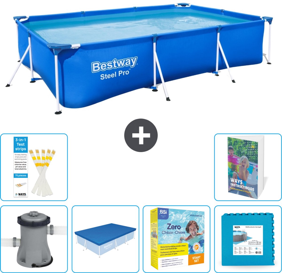 Bestway Rechthoekig Steel Pro Zwembad - 300 x 201 x 66 cm - Blauw - Inclusief Pomp - Afdekzeil - Onderhoudspakket - Vloertegels - 7-delig