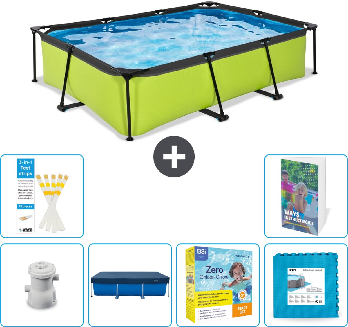 EXIT Rechthoekig Lime Frame Zwembad - 300 x 200 x 65 cm - Inclusief Pomp - Afdekzeil - Onderhoudspakket - Vloertegels - 7-delig