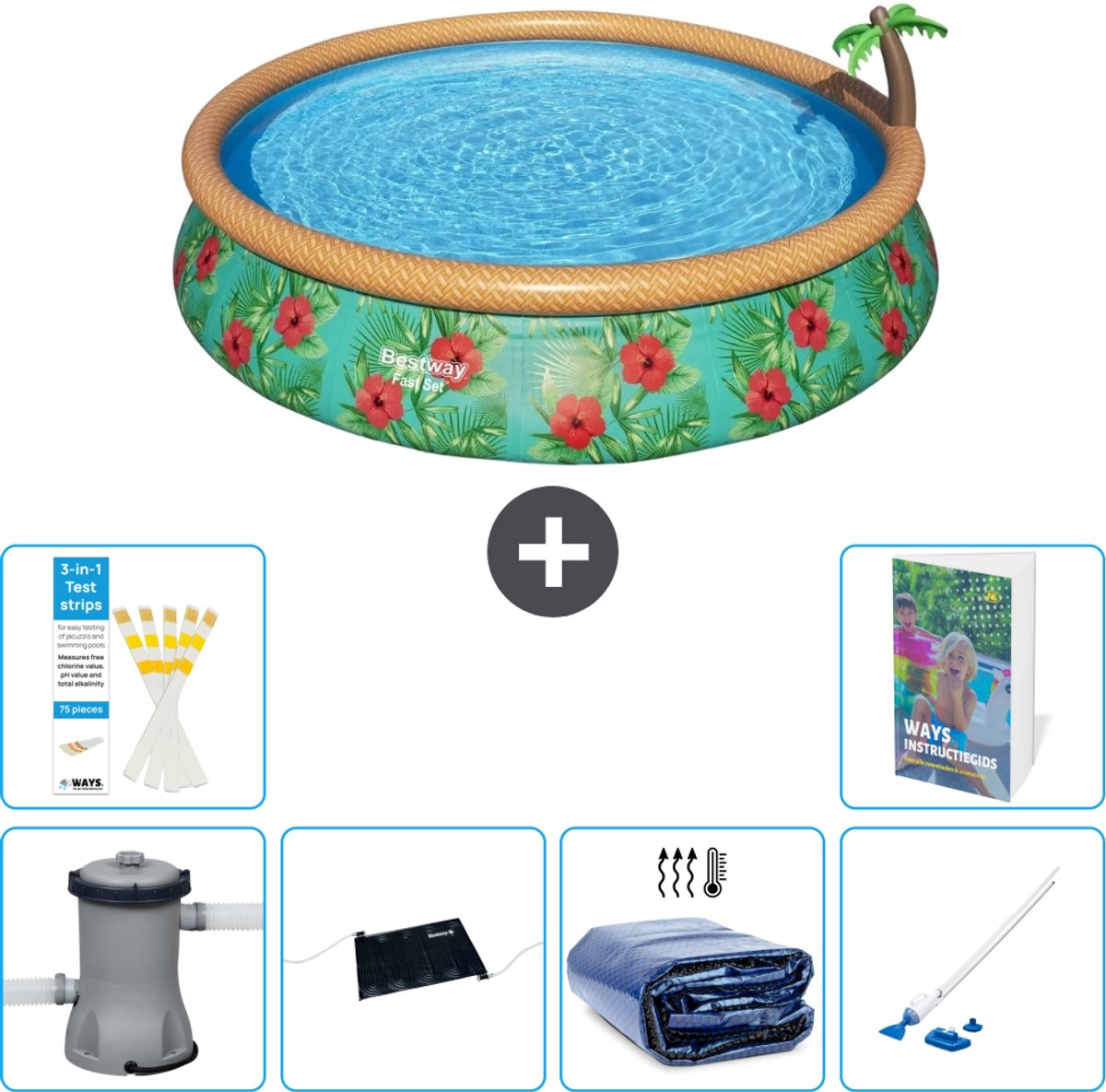 Bestway Rond Opblaasbaar Fast Set Zwembad - Paradijsprint - 457 x 84 cm - Inclusief Pomp - Solar Mat - Solarzeil - Stofzuiger - 7-delig