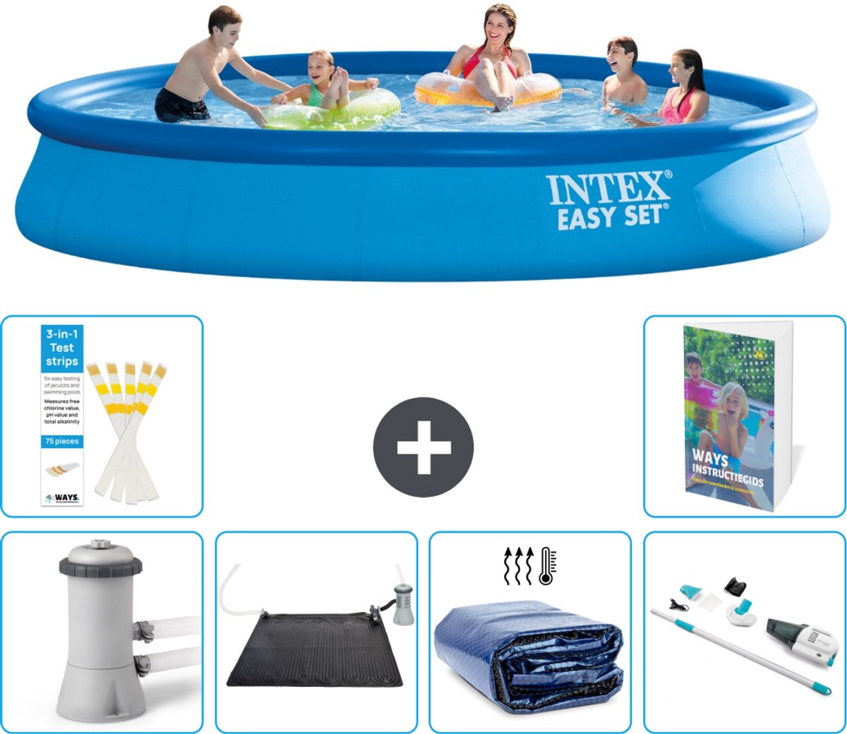Intex Rond Opblaasbaar Easy Set Zwembad - 457 x 84 cm - Blauw - Inclusief Pomp - Solar Mat - Solarzeil - Stofzuiger - 7-delig