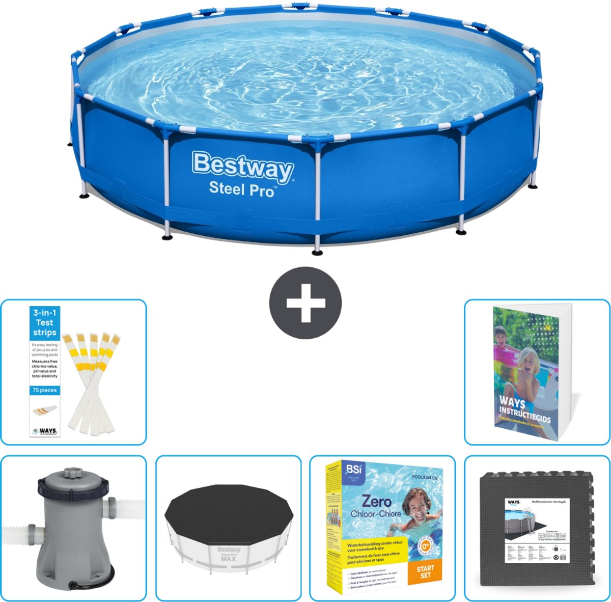 Bestway Rond Steel Pro Zwembad - 366 x 76 cm - Blauw - Inclusief Pomp - Afdekzeil - Onderhoudspakket - Vloertegels - 7-delig