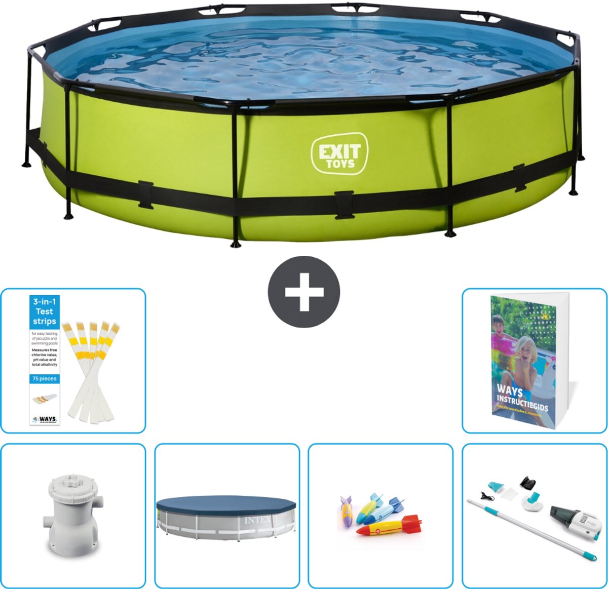 EXIT Rond Lime Frame Zwembad - 360 x 76 cm - Inclusief Pomp - Afdekzeil - Speelgoed - Stofzuiger - 7-delig
