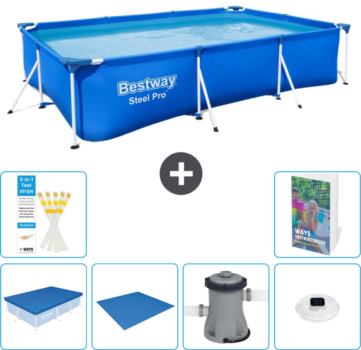 Bestway Rechthoekig Steel Pro Zwembad - 300 x 201 x 66 cm - Blauw - Inclusief Afdekzeil - Grondzeil - Zwembadfilterpomp - Verlichting - 7-delig