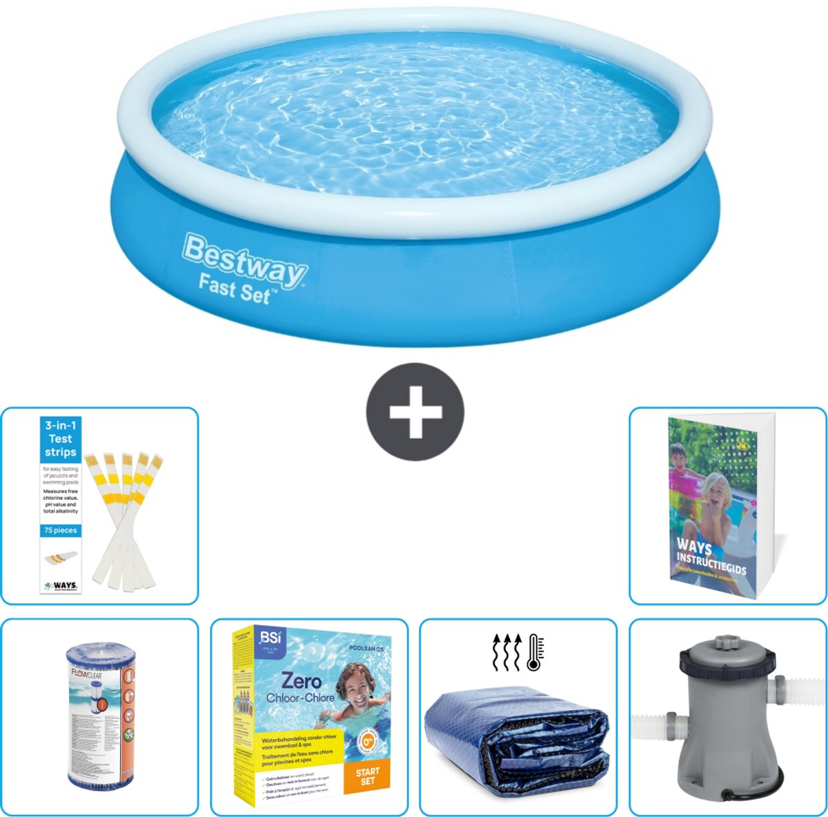 Bestway Rond Opblaasbaar Fast Set Zwembad - 366 x 76 cm - Blauw - Inclusief Filter - Onderhoudspakket - Solarzeil - Zwembadfilterpomp - 7-delig