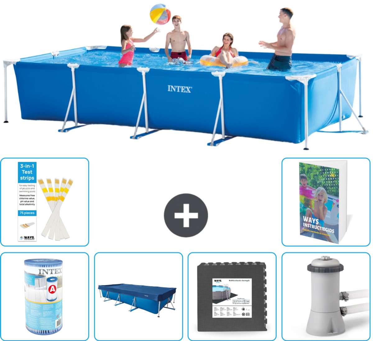Intex Rechthoekig Frame Zwembad - 450 x 220 x 84 cm - Blauw - Inclusief Filter - Afdekzeil - Vloertegels - Zwembadfilterpomp - 7-delig