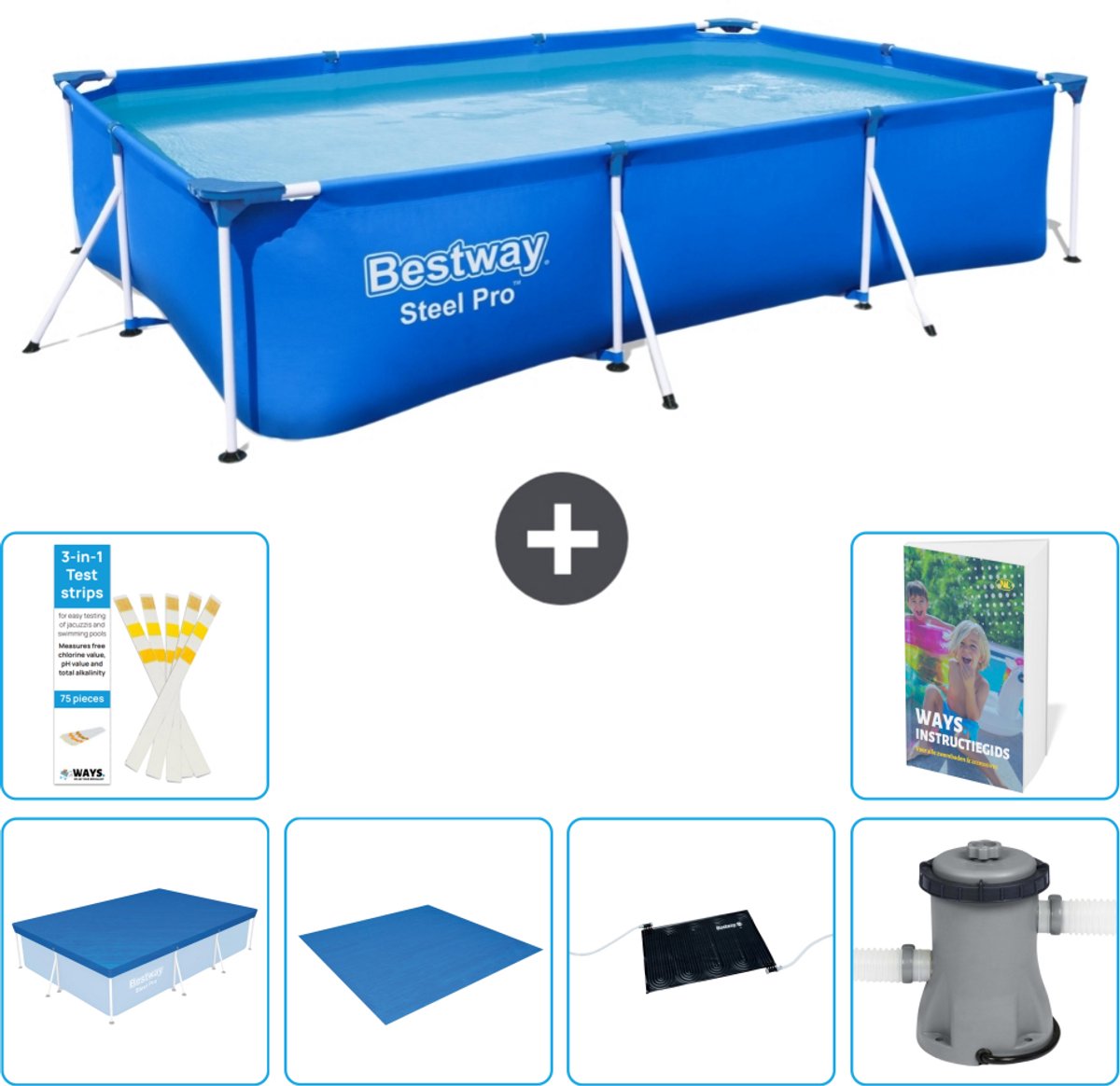 Bestway Rechthoekig Steel Pro Zwembad - 300 x 201 x 66 cm - Blauw - Inclusief Afdekzeil - Grondzeil - Solar Mat - Zwembadfilterpomp - 7-delig