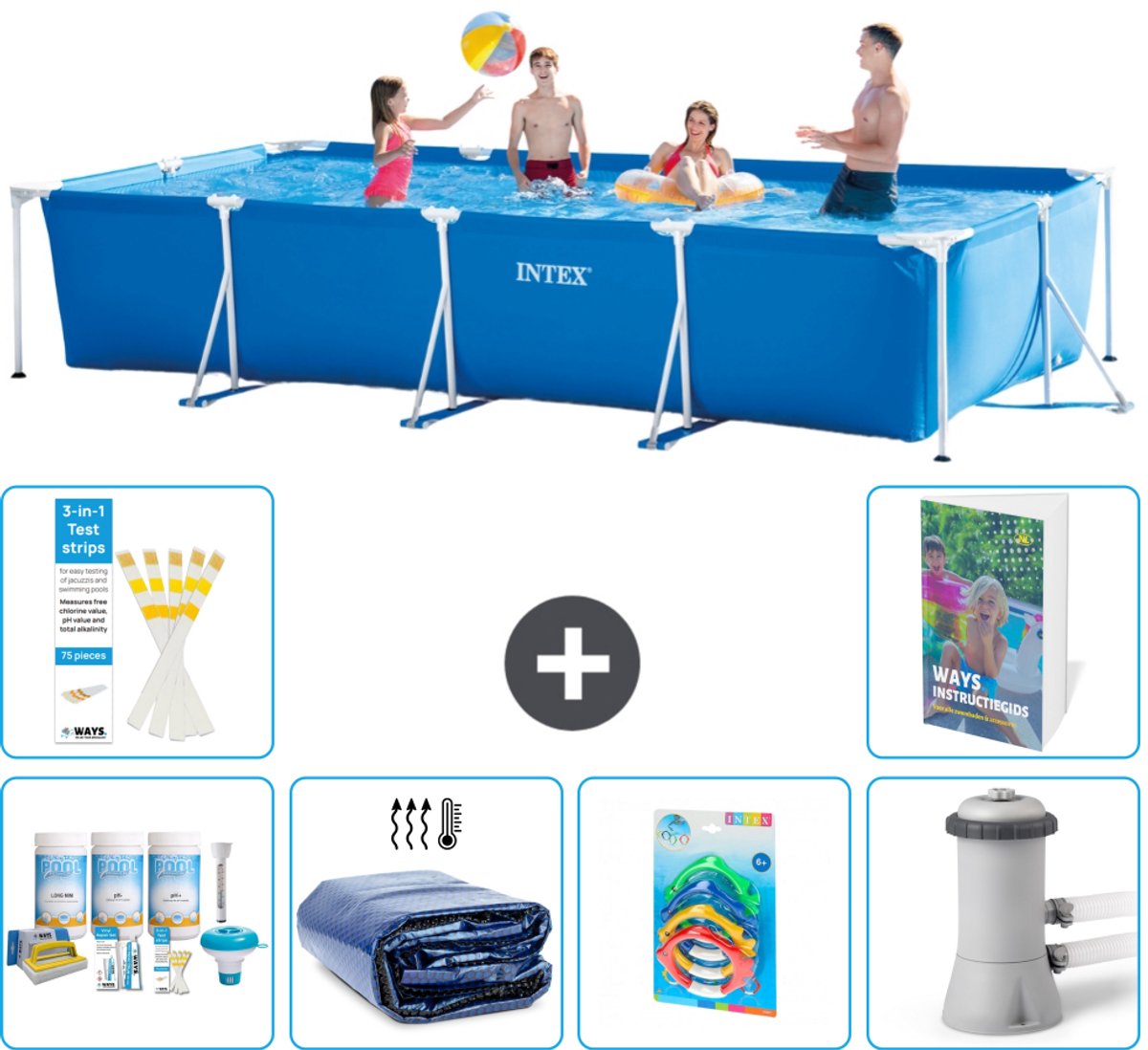 Intex Rechthoekig Frame Zwembad - 450 x 220 x 84 cm - Blauw - Inclusief Onderhoudspakket - Solarzeil - Speelgoed - Zwembadfilterpomp - 7-delig