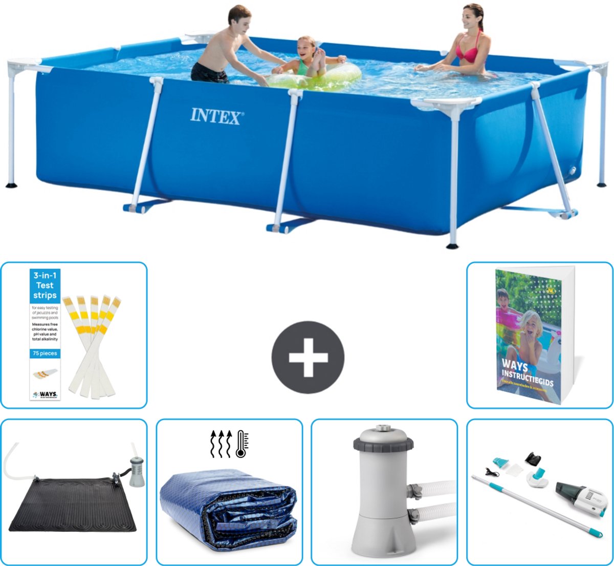 Intex Rechthoekig Frame Zwembad - 300 x 200 x 75 cm - Blauw - Inclusief Solar Mat - Solarzeil - Zwembadfilterpomp - Stofzuiger - 7-delig