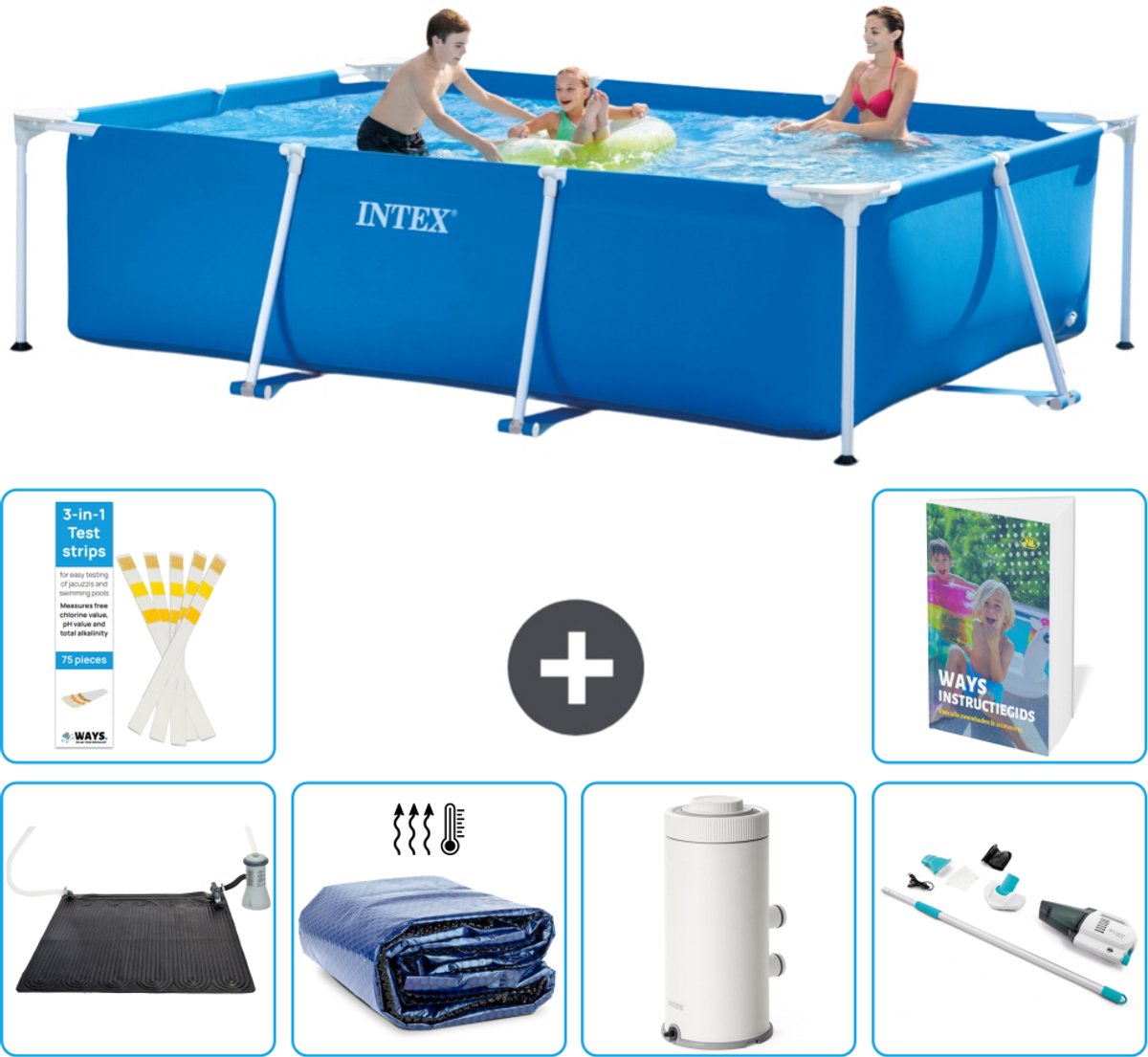Intex Rechthoekig Frame Zwembad - 300 x 200 x 75 cm - Blauw - Inclusief Solar Mat - Solarzeil - Zwembadfilterpomp - Stofzuiger - 7-delig