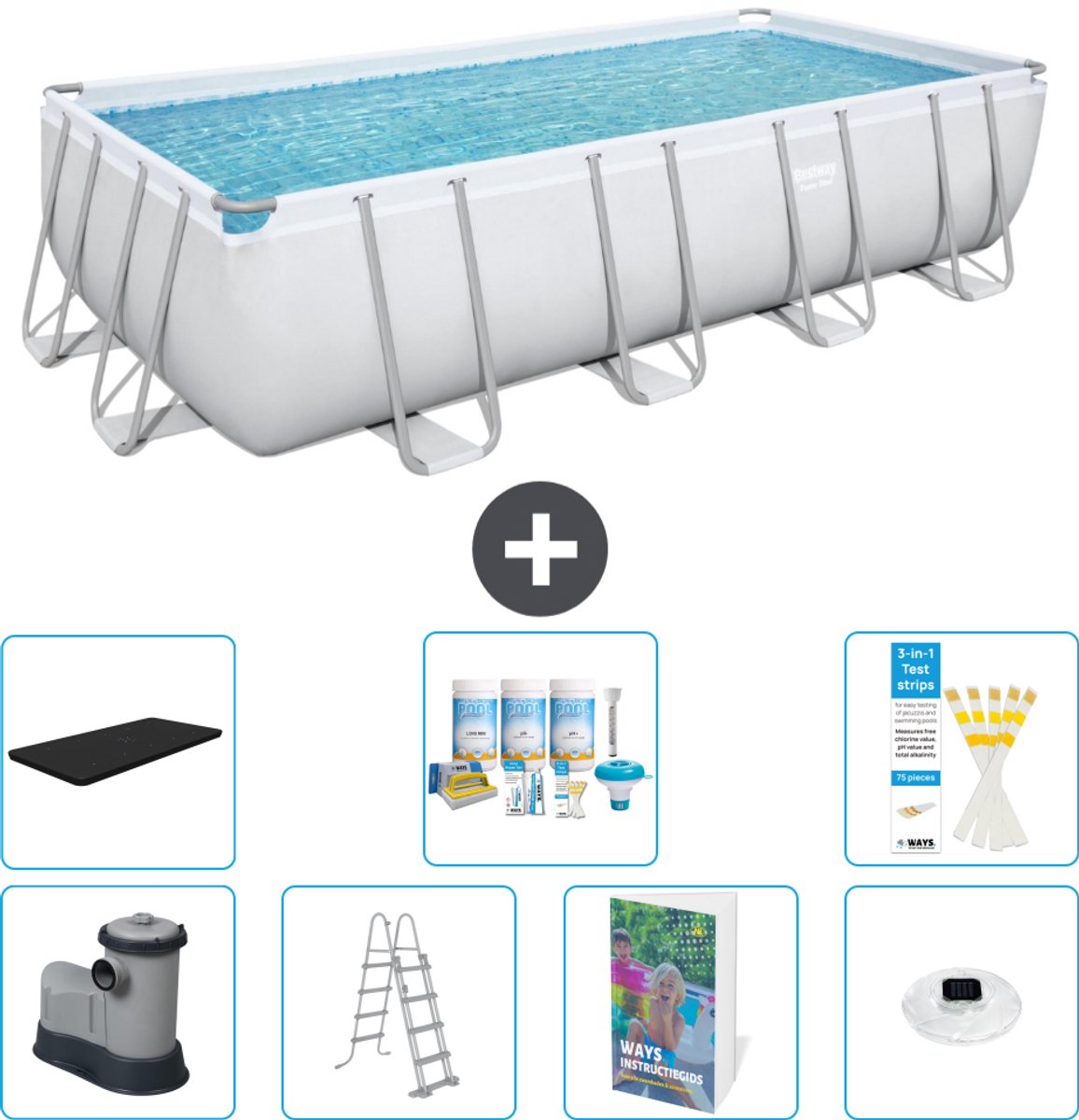 Bestway Rechthoekig Power Steel Zwembad - 549 x 274 x 122 - Grijs - Inclusief Pomp - Ladder - Afdekzeil - Onderhoudspakket - Verlichting - 8-delig