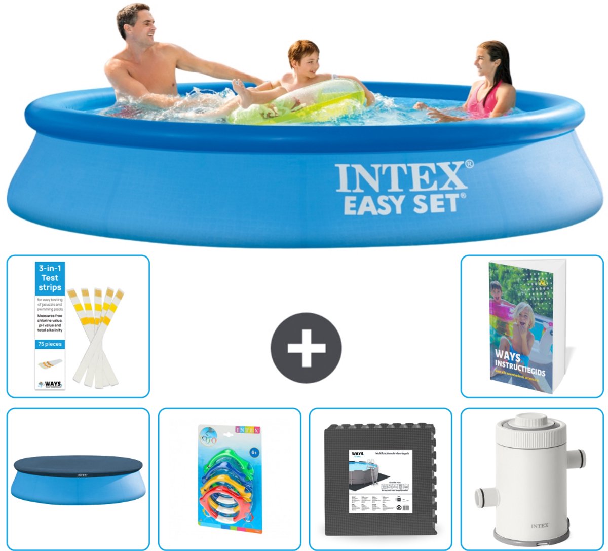 Intex Rond Opblaasbaar Easy Set Zwembad - 305 x 61 cm - Blauw - Inclusief Afdekzeil - Speelgoed - Vloertegels - Zwembadfilterpomp - 7-delig