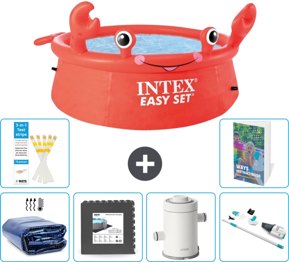 Intex Rond Opblaasbaar Easy Set Zwembad - 183 x 51 cm - Rood - Krab - Inclusief Solarzeil - Vloertegels - Zwembadfilterpomp - Stofzuiger - 7-delig