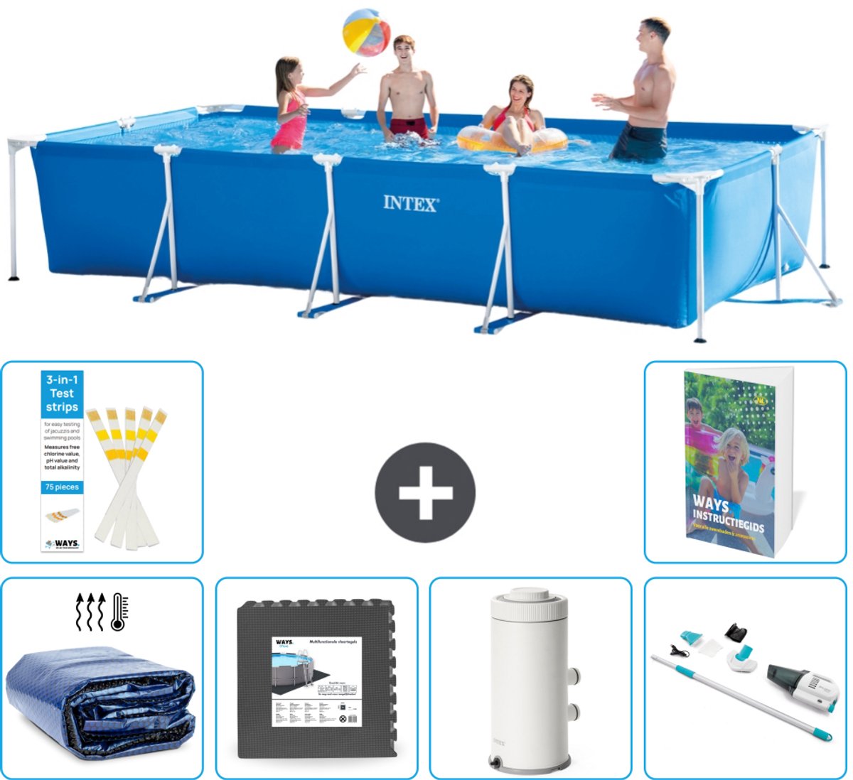 Intex Rechthoekig Frame Zwembad - 450 x 220 x 84 cm - Blauw - Inclusief Solarzeil - Vloertegels - Zwembadfilterpomp - Stofzuiger - 7-delig