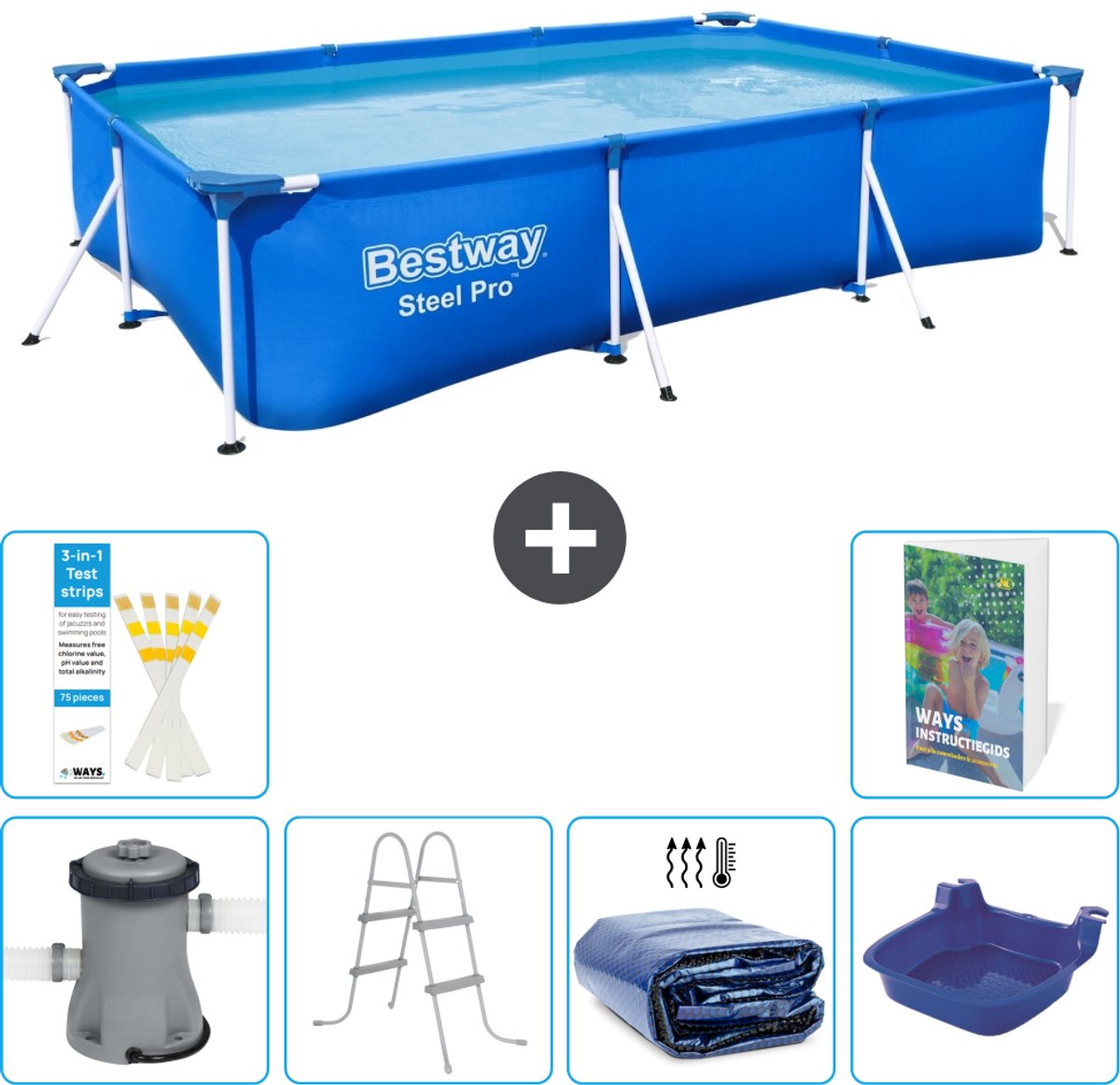 Bestway Rechthoekig Steel Pro Zwembad - 300 x 201 x 66 cm - Blauw - Inclusief Pomp - Ladder - Solarzeil - Voetenbad - 7-delig