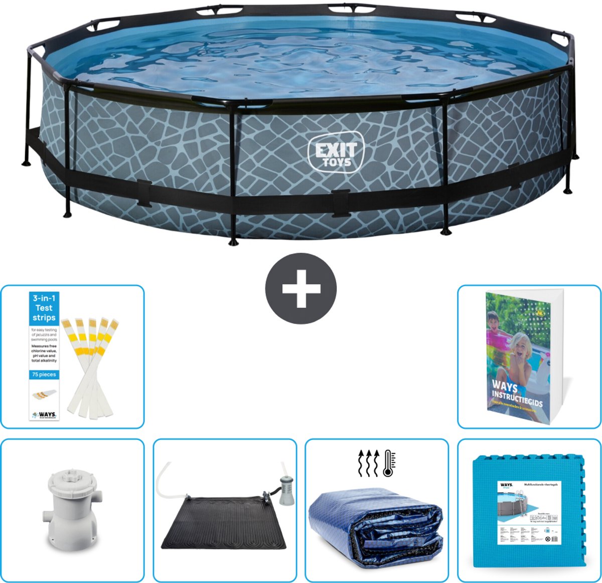 EXIT Rond Stone Frame Zwembad - 360 x 76 cm - Inclusief Pomp - Solar Mat - Solarzeil - Vloertegels - 7-delig