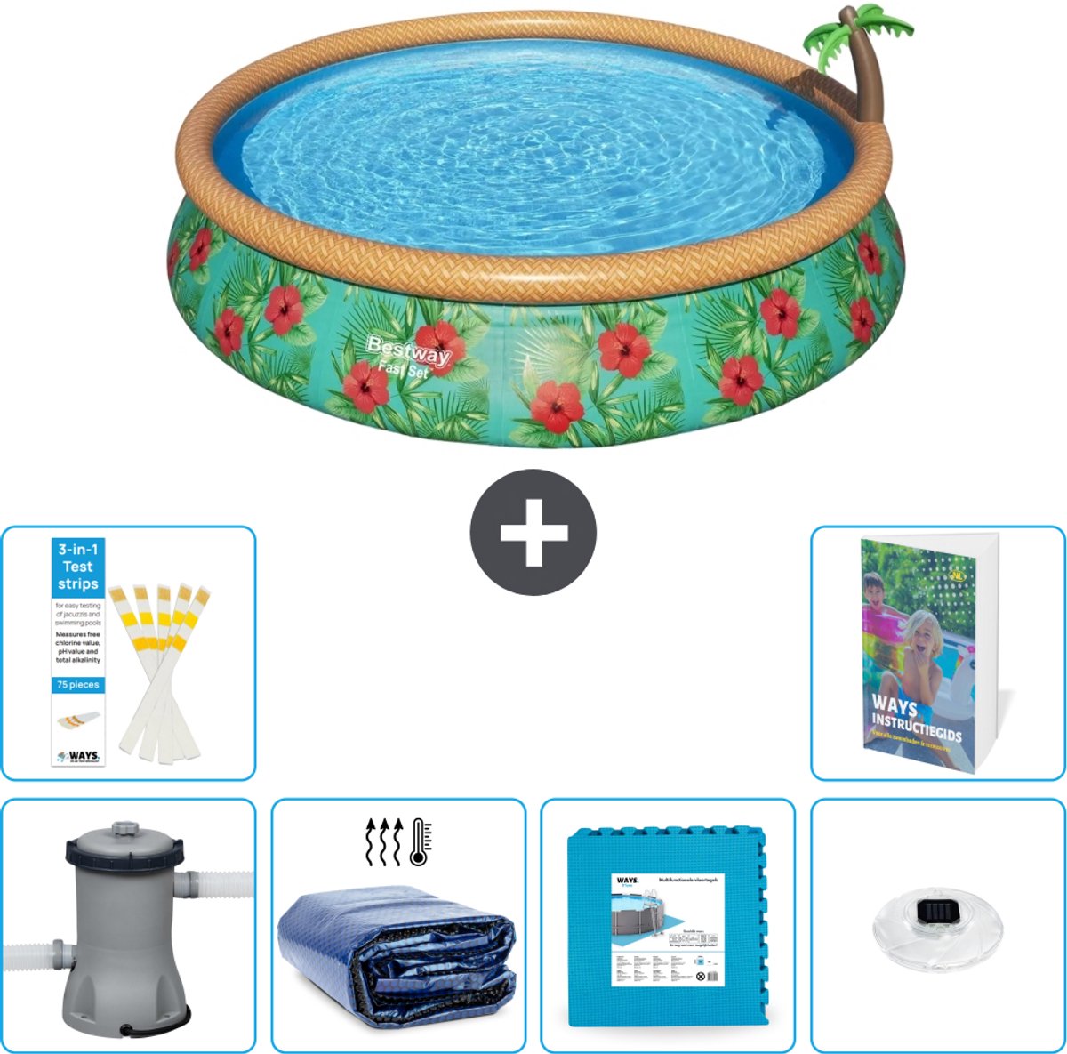 Bestway Rond Opblaasbaar Fast Set Zwembad - Paradijsprint - 457 x 84 cm - Inclusief Pomp - Solarzeil - Vloertegels - Verlichting - 7-delig