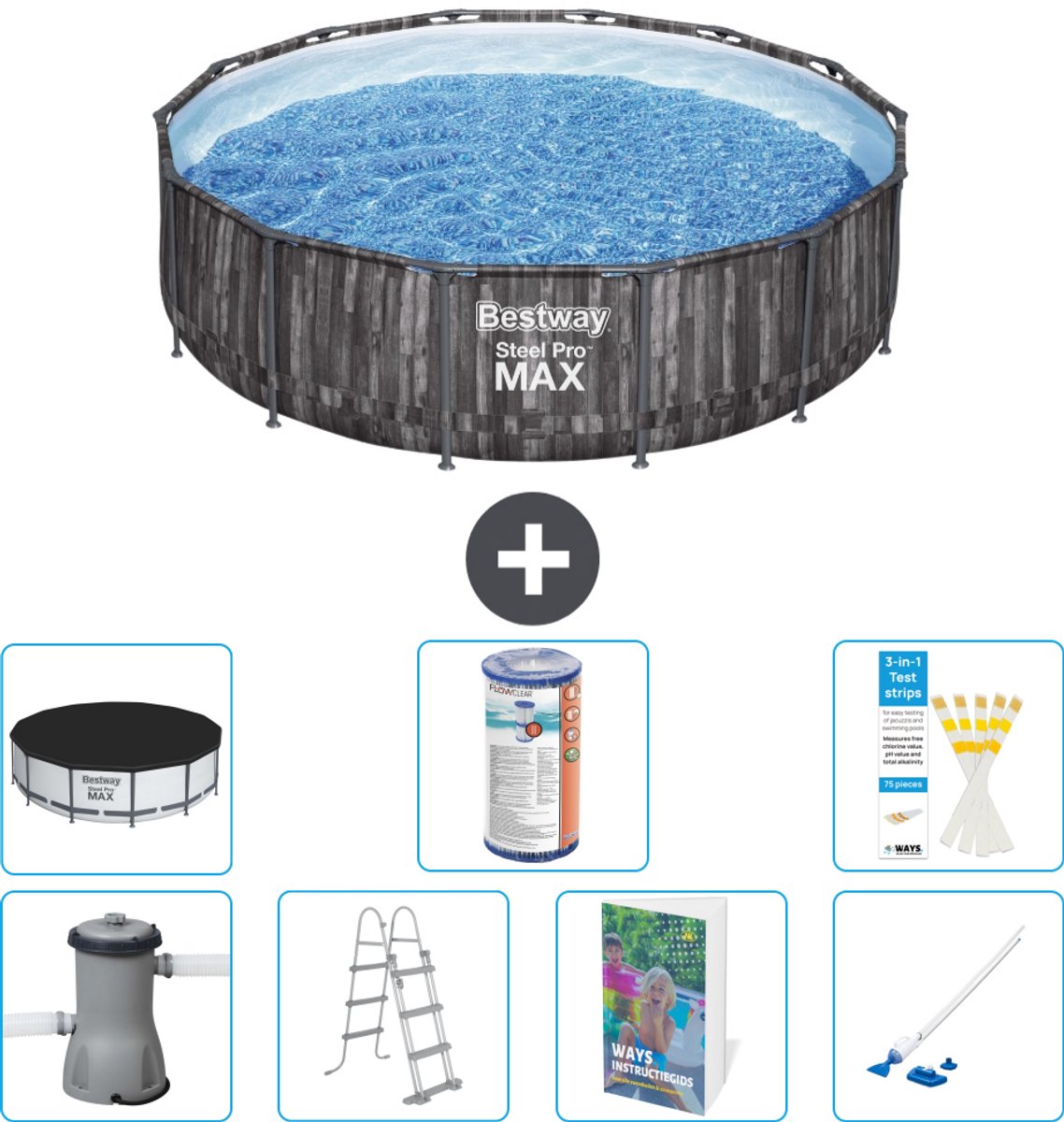 Bestway Rond Steel Pro MAX Zwembad - Houtprint - 427 x 107 cm - Inclusief Pomp - Ladder - Afdekzeil - Filter - Stofzuiger - 8-delig
