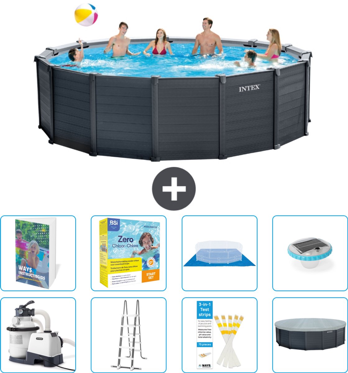 Intex Rond Graphite Gray Panel Zwembad - 478 x 124 cm - Inclusief Pomp - Ladder - Grondzeil - Afdekzeil - Onderhoudspakket - Verlichting - 9-delig