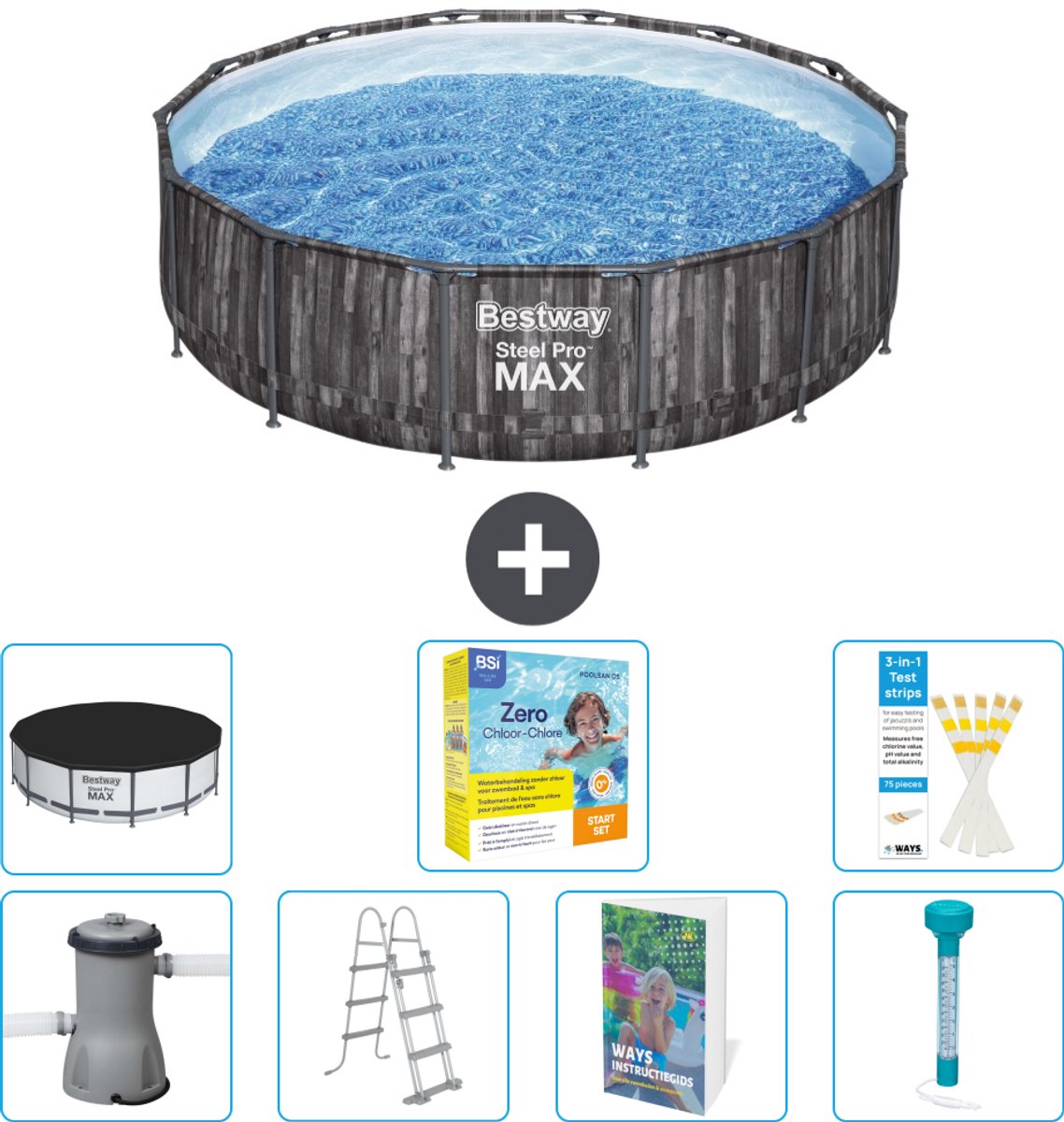 Bestway Rond Steel Pro MAX Zwembad - Houtprint - 427 x 107 cm - Inclusief Pomp - Ladder - Afdekzeil - Onderhoudspakket - Thermometer - 8-delig